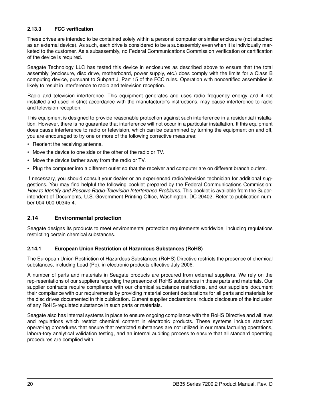 Seagate ST3200827ACE Environmental protection, FCC verification, European Union Restriction of Hazardous Substances RoHS 