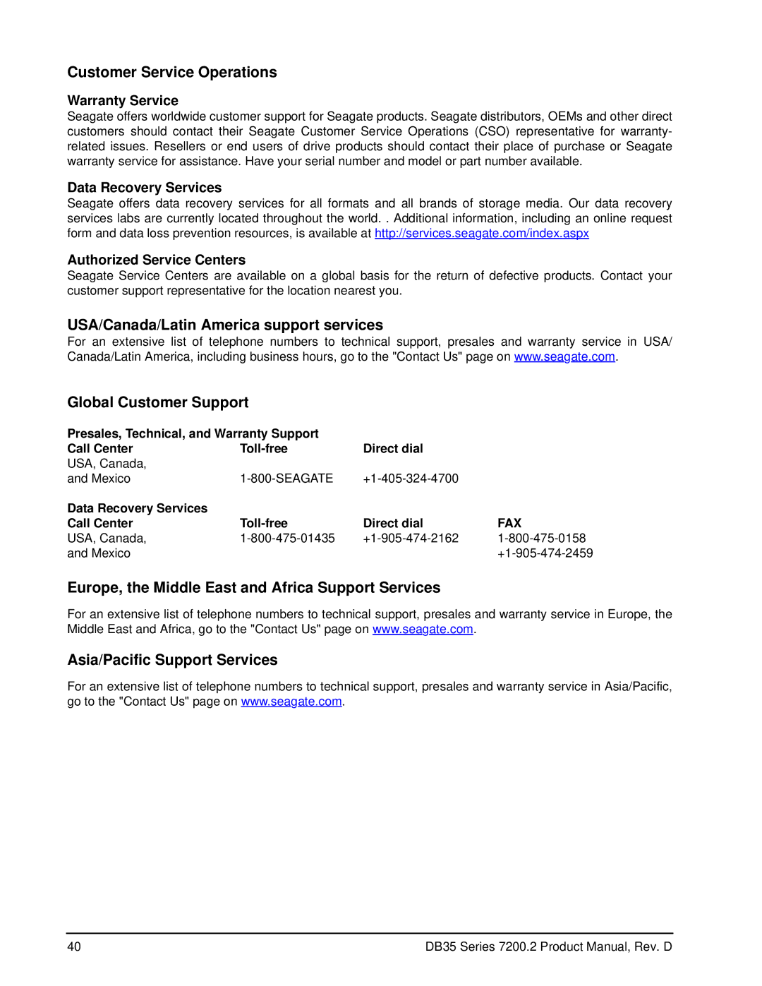 Seagate ST3400833ACE, ST3120213ACE, ST3160212ACE manual Warranty Service, Data Recovery Services Authorized Service Centers 