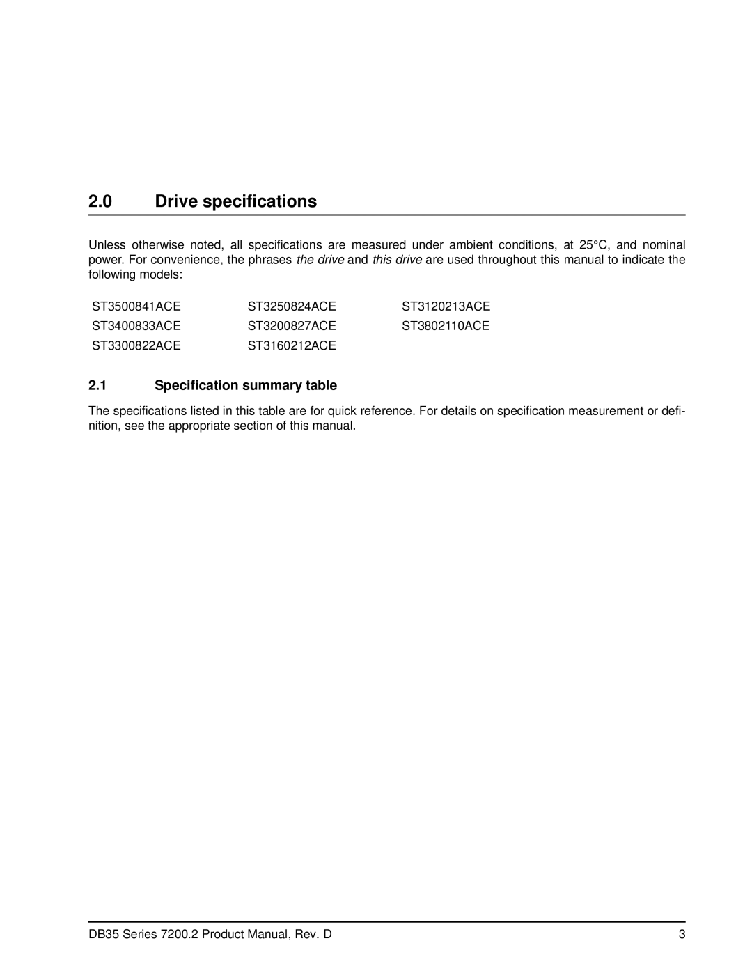 Seagate ST3160212ACE, ST3120213ACE, ST3200827ACE, ST3250824ACE manual Drive specifications, Specification summary table 