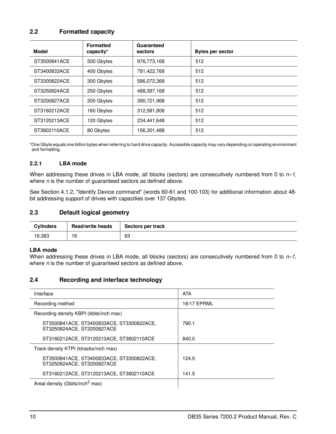 Seagate ST3120213ACE manual Formatted capacity, Default logical geometry, Recording and interface technology, LBA mode 