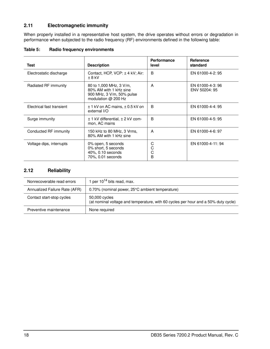 Seagate ST3120213ACE, ST3160212ACE, ST3200827ACE manual Electromagnetic immunity, Reliability, Radio frequency environments 