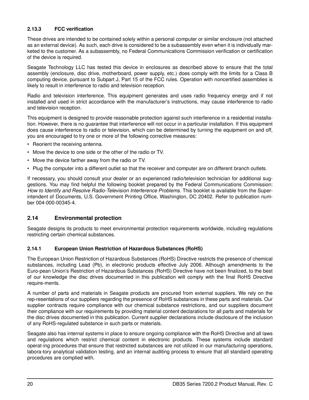 Seagate ST3200827ACE Environmental protection, FCC verification, European Union Restriction of Hazardous Substances RoHS 