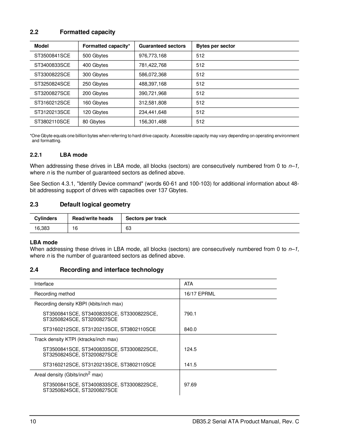 Seagate ST3120213SCE manual Formatted capacity, Default logical geometry, Recording and interface technology, LBA mode 