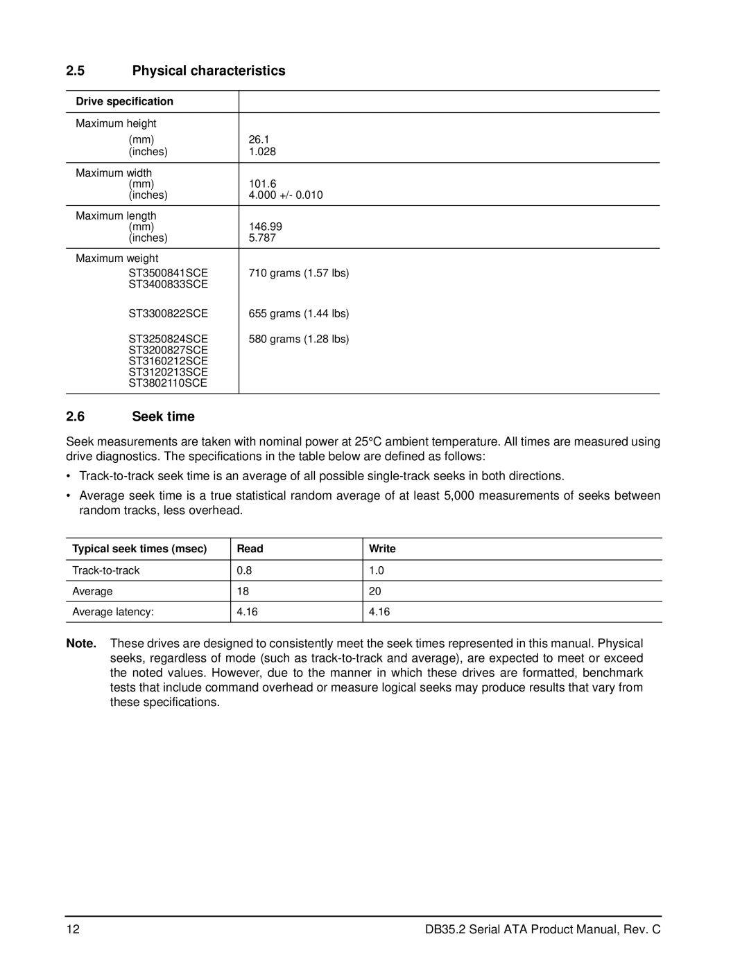 Seagate ST3250824SCE manual Physical characteristics, Seek time, Drive specification, Typical seek times msec Read Write 