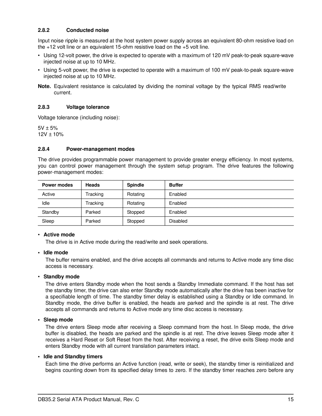 Seagate ST3802110SCE manual Conducted noise, Voltage tolerance, Power-management modes, Active mode, Idle mode, Sleep mode 