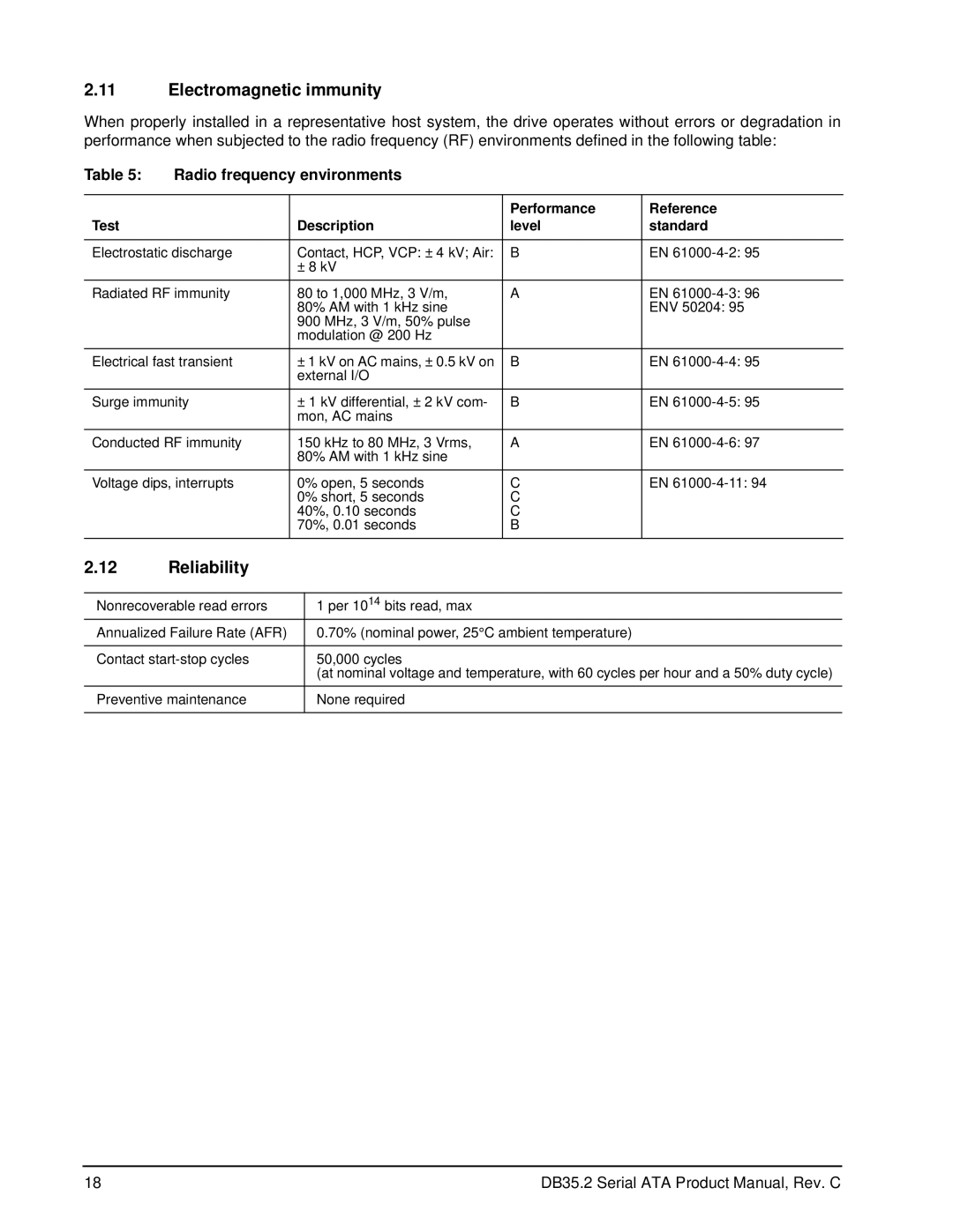 Seagate ST3120213SCE, ST3160212SCE, ST3250824SCE manual Electromagnetic immunity, Reliability, Radio frequency environments 