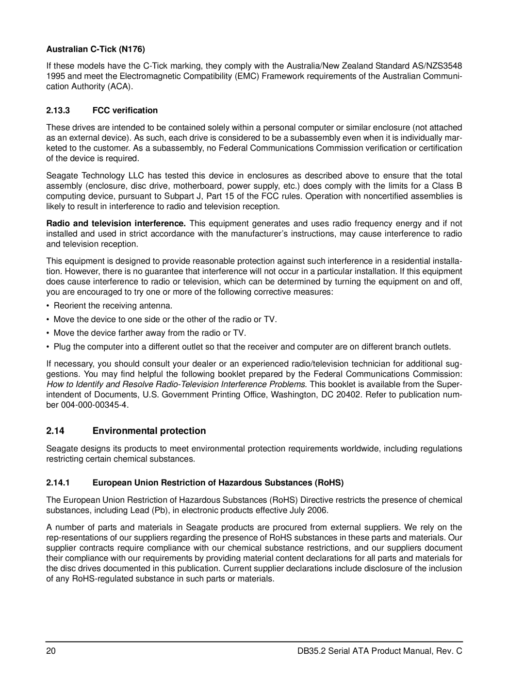 Seagate ST3250824SCE, ST3120213SCE, ST3160212SCE manual Environmental protection, Australian C-Tick N176, FCC verification 