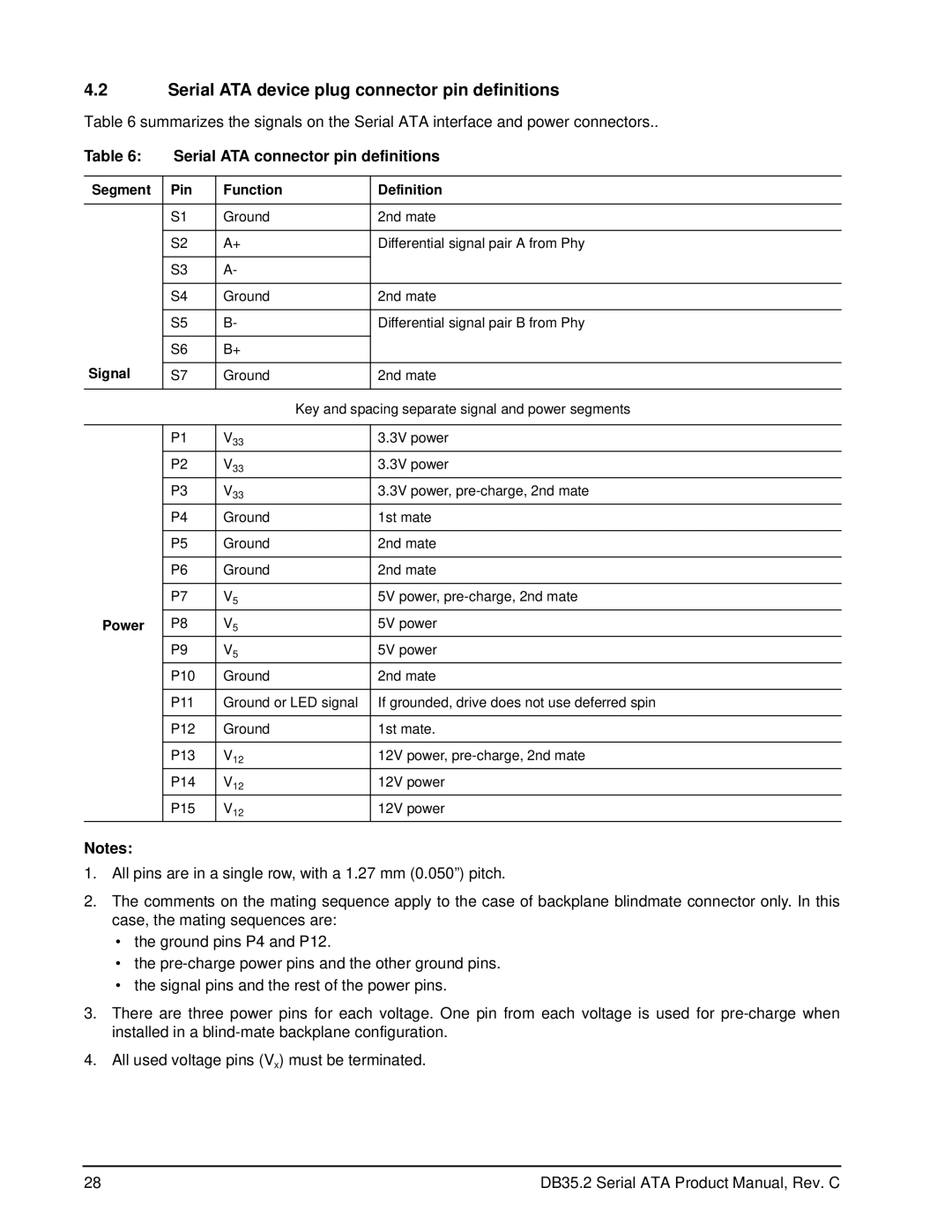 Seagate ST3250824SCE manual Serial ATA device plug connector pin definitions, Serial ATA connector pin definitions, Signal 