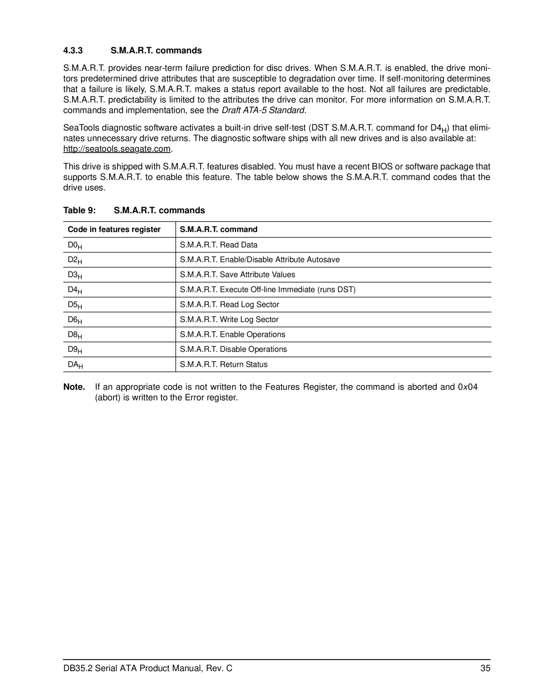 Seagate ST3160212SCE, ST3120213SCE, ST3250824SCE manual 3 S.M.A.R.T. commands, Code in features register A.R.T. command 