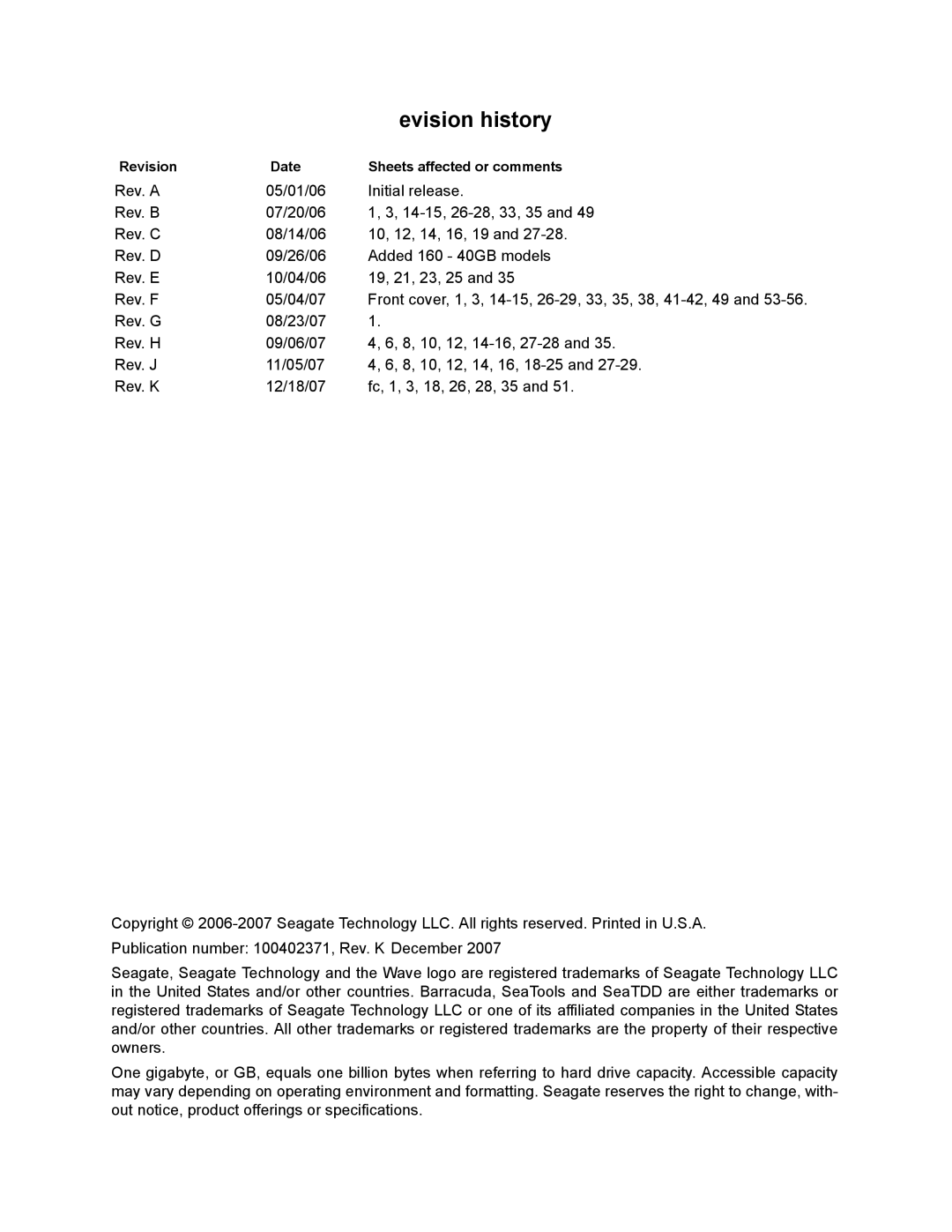 Seagate ST3160815AS, ST3120215AS, ST3120815AS, ST3160215AS manual Evision history, Revision Date Sheets affected or comments 