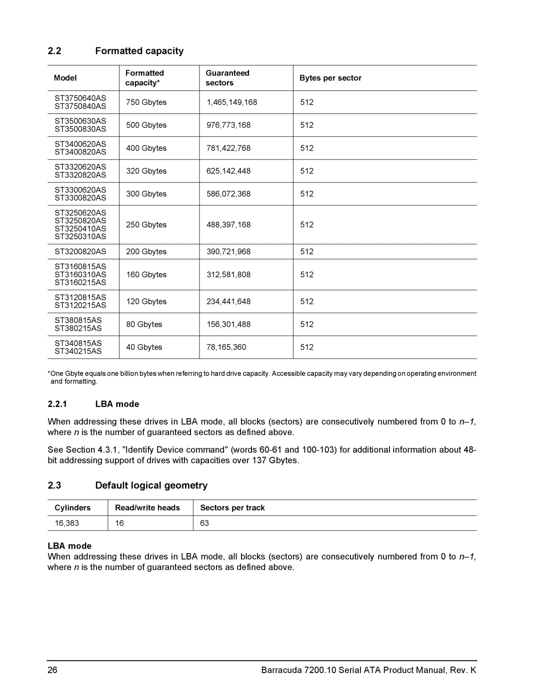 Seagate ST3300820AS, ST3120215AS, ST3120815AS, ST3160815AS, ST380815AS Formatted capacity, Default logical geometry, LBA mode 