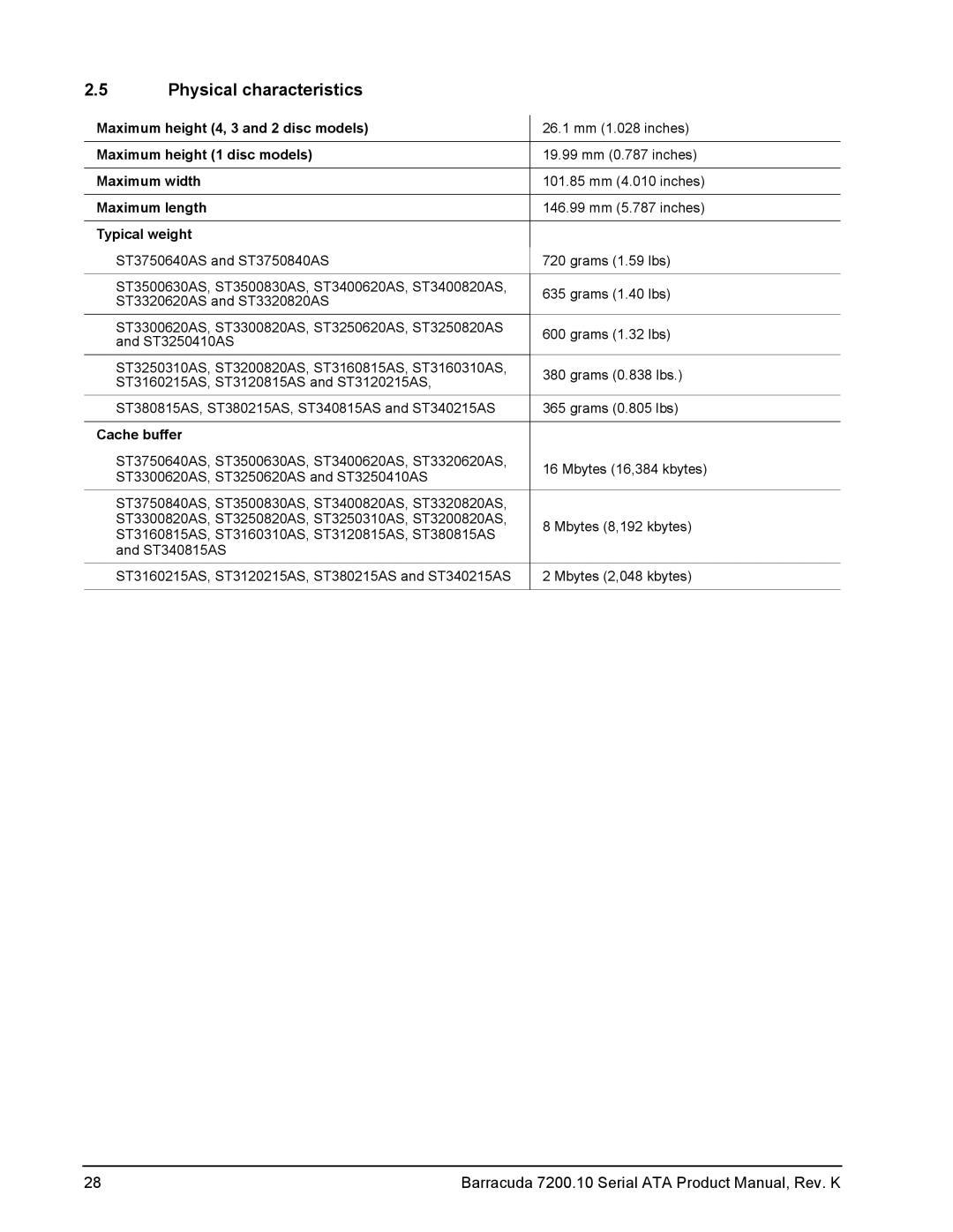 Seagate ST3400820AS, ST3120215AS, ST3120815AS, ST3160815AS, ST3160215AS, ST3250310AS, ST3200820AS manual Physical characteristics 