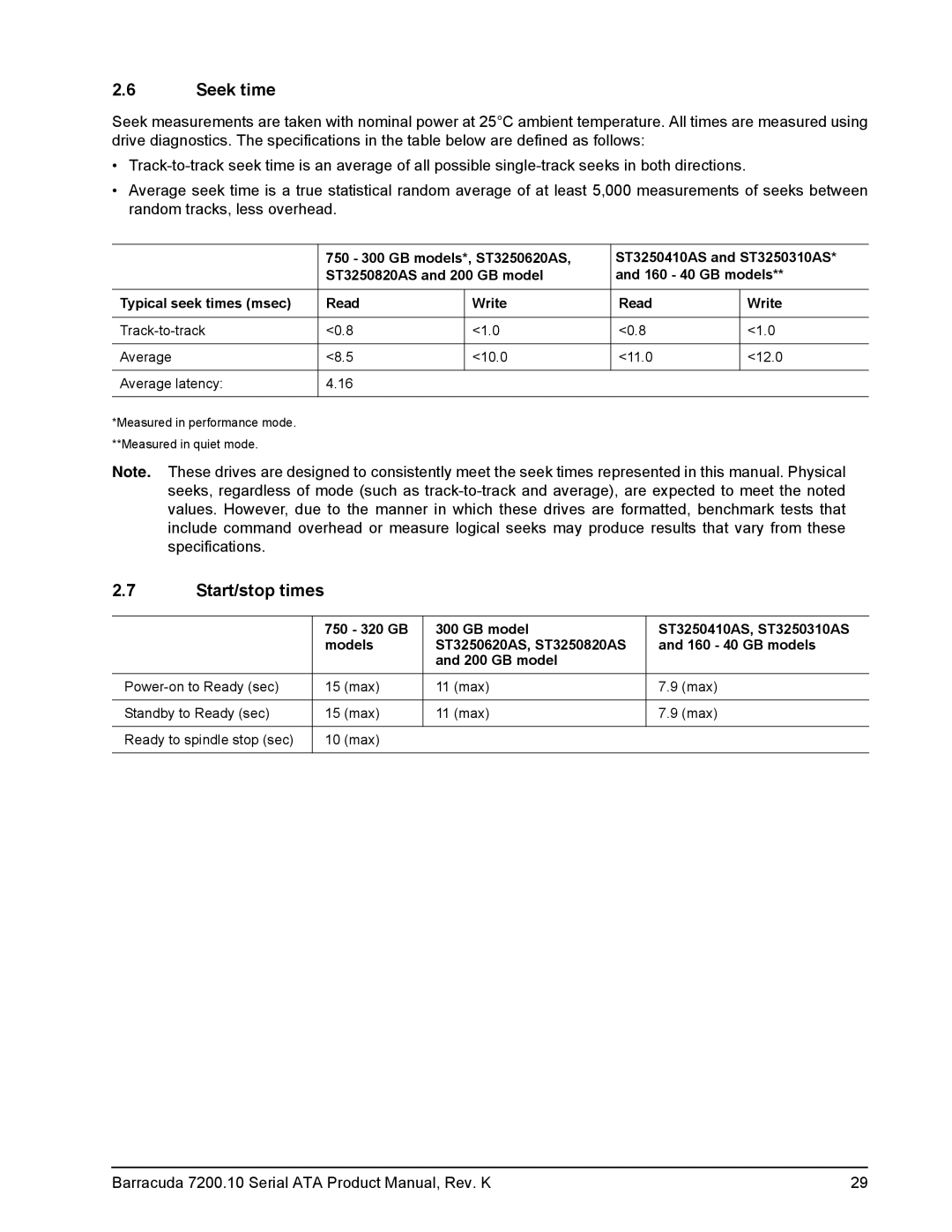 Seagate ST340215AS, ST3120215AS, ST3120815AS, ST3160815AS, ST3160215AS, ST3250310AS, ST3200820AS Seek time, Start/stop times 