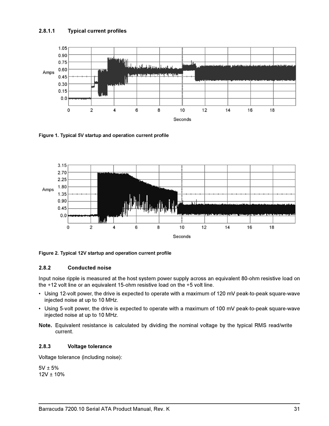 Seagate ST3500641ASRK, ST3120215AS, ST3120815AS, ST3160815AS Typical current profiles, Conducted noise, Voltage tolerance 