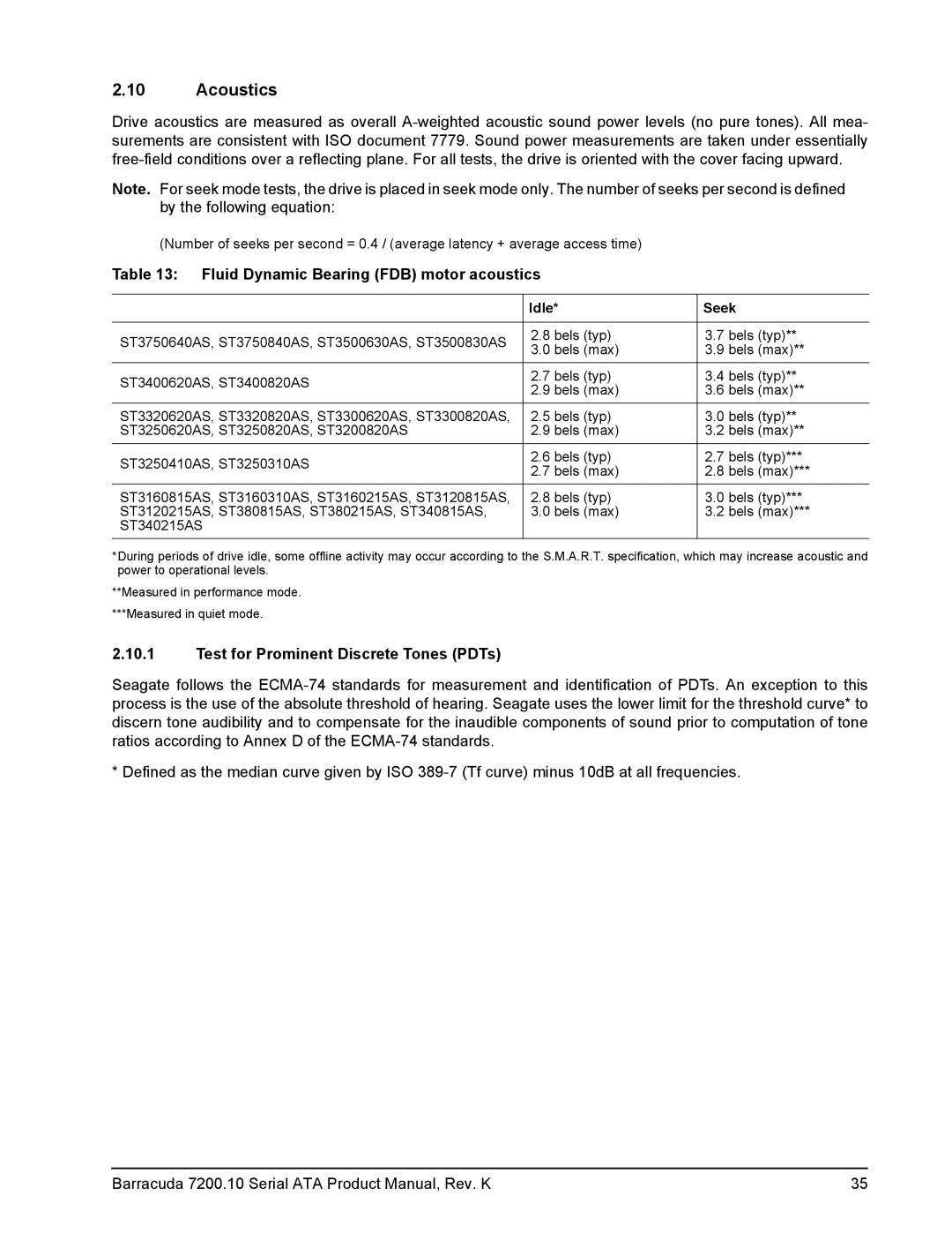 Seagate ST3160215AS manual Acoustics, Fluid Dynamic Bearing FDB motor acoustics, Test for Prominent Discrete Tones PDTs 