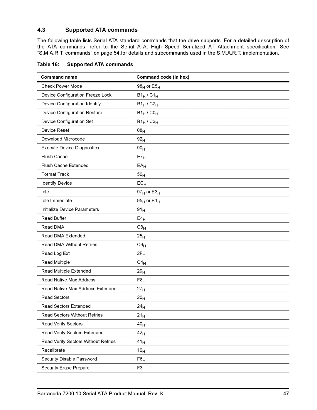 Seagate ST3400820AS, ST3120215AS, ST3120815AS, ST3160815AS manual Supported ATA commands, Command name Command code in hex 