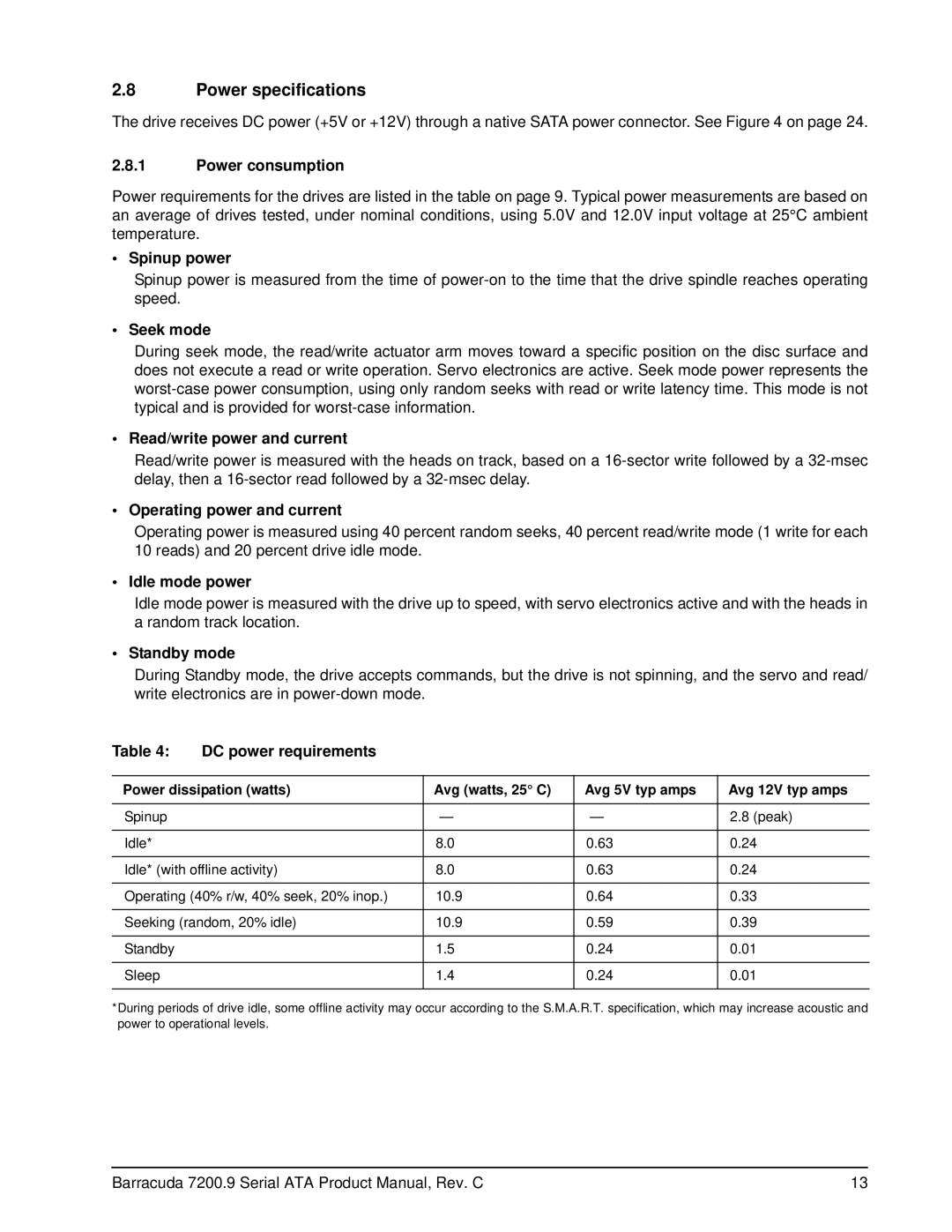 Seagate ST380811AS, ST3120811AS, ST3120211AS, ST3160211AS, ST3160811AS, ST380211AS, ST340211AS manual Power specifications 