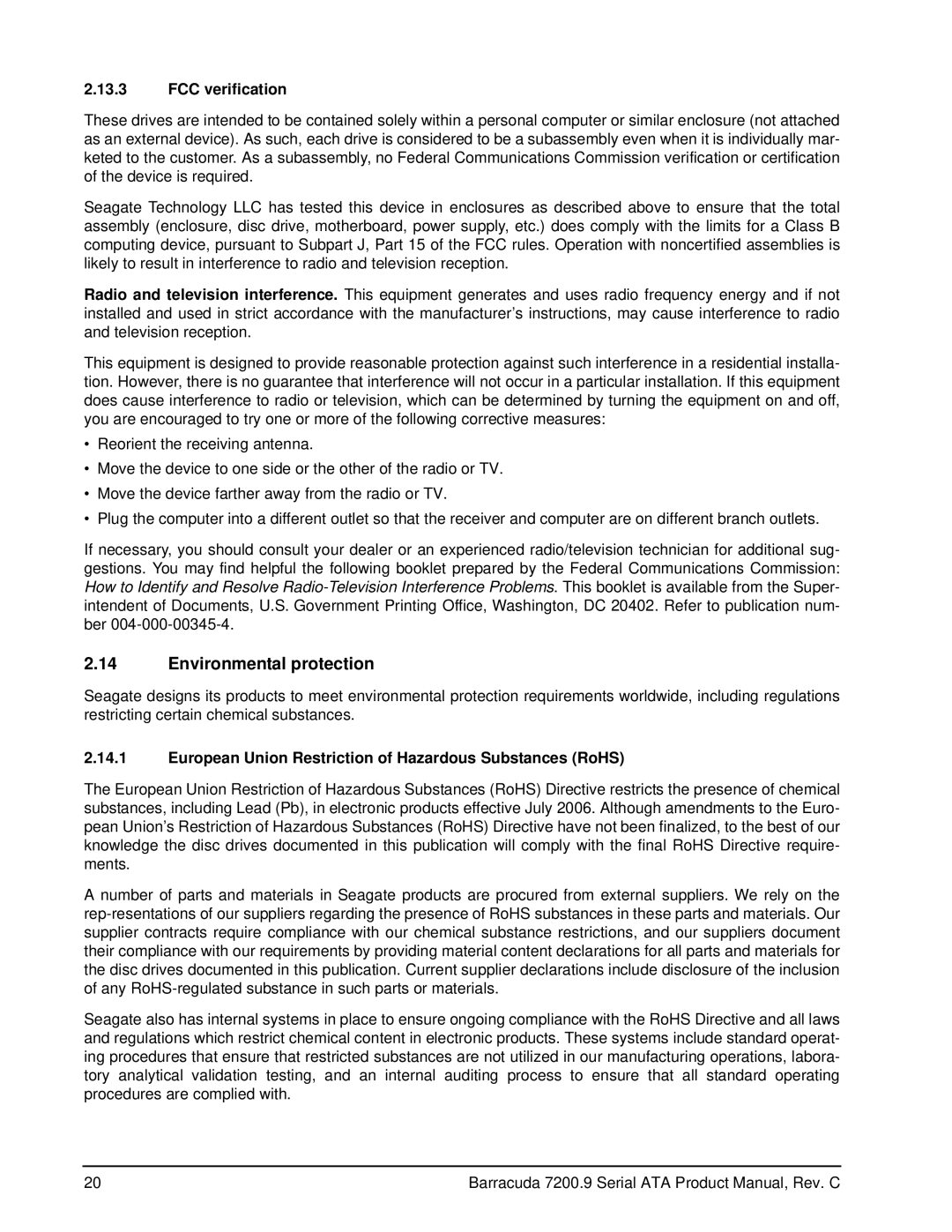 Seagate ST380811AS Environmental protection, FCC verification, European Union Restriction of Hazardous Substances RoHS 