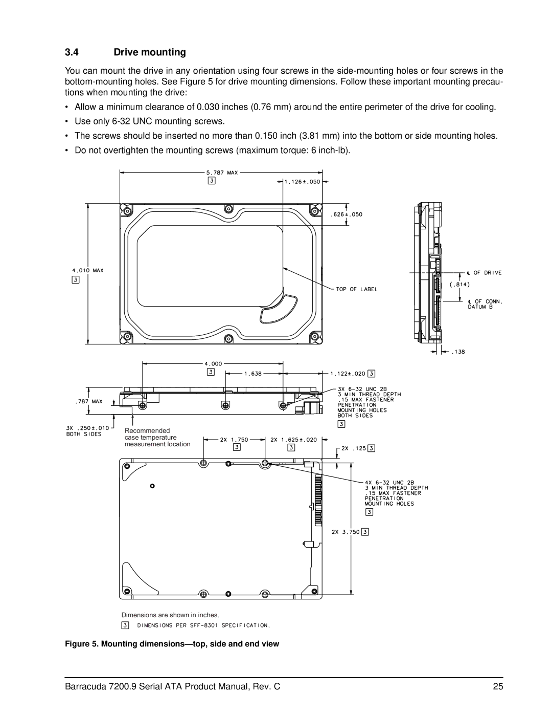 Seagate ST3160811AS, ST3120811AS, ST3120211AS, ST3160211AS manual Drive mounting, Mounting dimensions-top, side and end view 