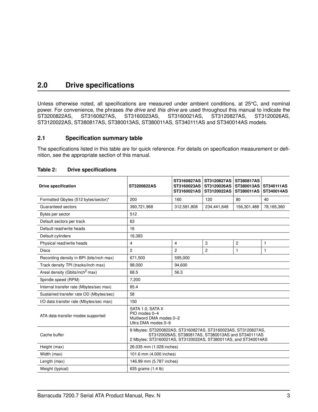 Seagate ST340014AS, ST3120827AS, ST3120026AS, ST3120022AS, ST310005N1A1ASRK Drive specifications, Specification summary table 