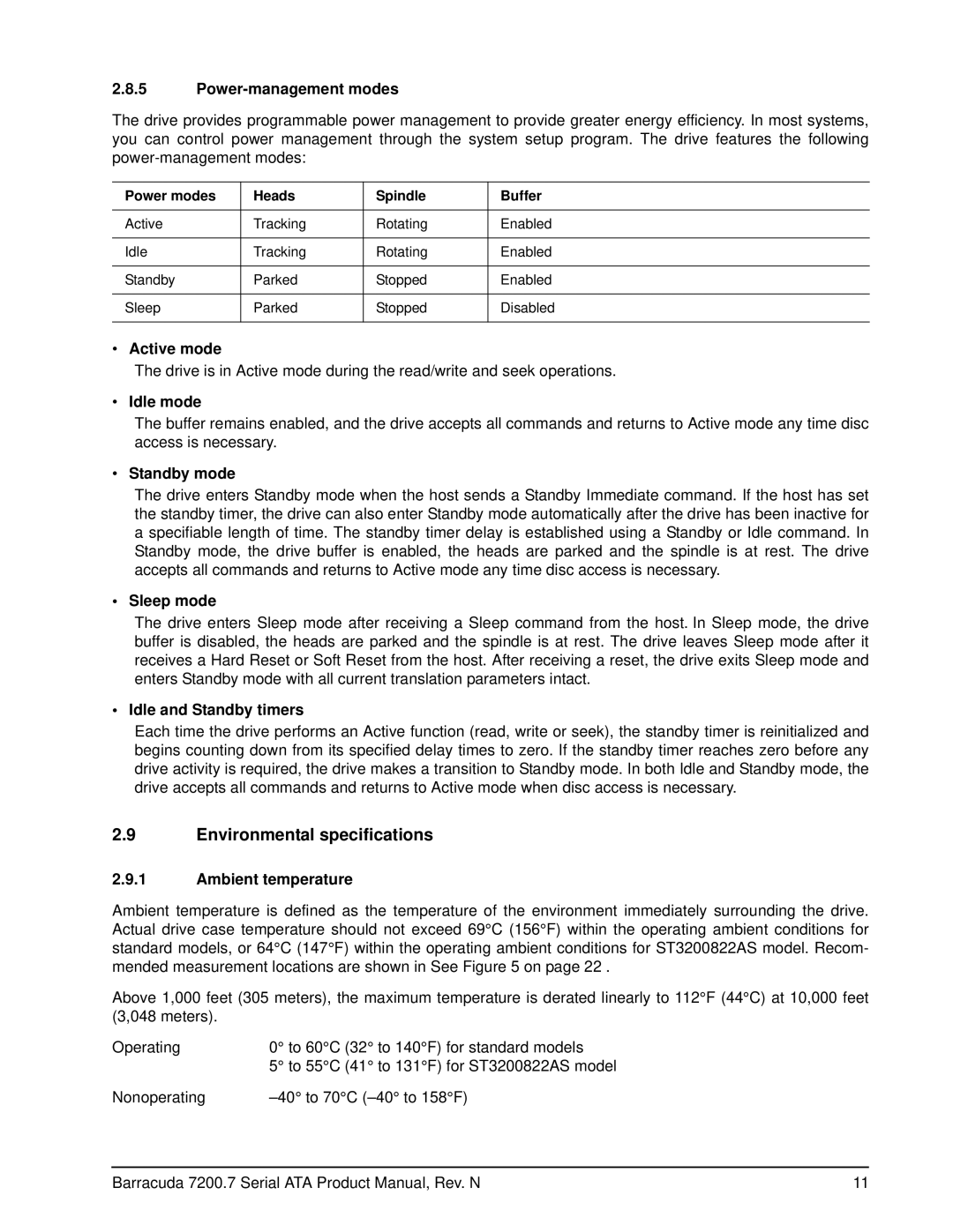 Seagate ST3160827AS, ST3120827AS, ST3120026AS, ST3120022AS, ST310005N1A1ASRK, ST3160023AS manual Environmental specifications 