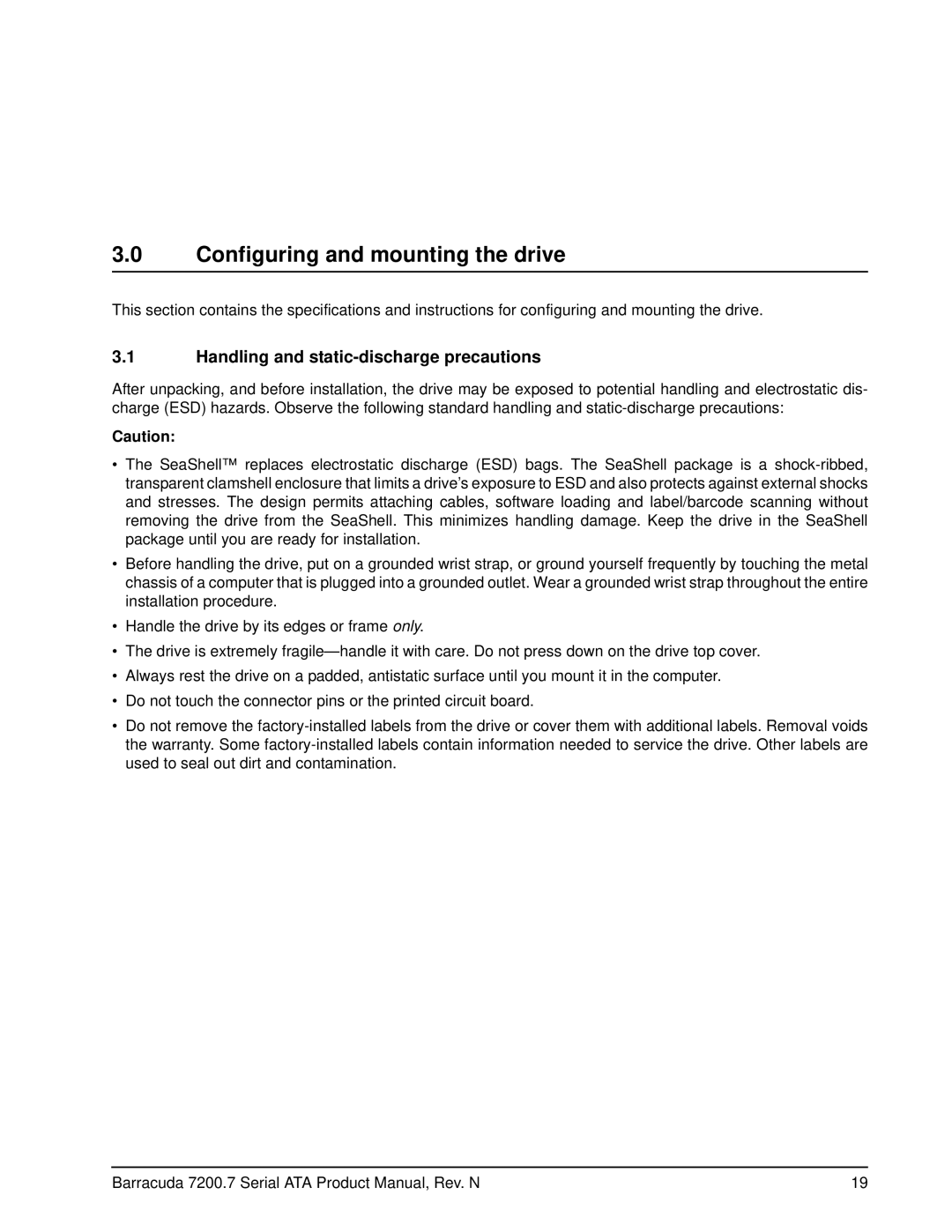 Seagate ST3120026AS, ST3120827AS, ST3120022AS Configuring and mounting the drive, Handling and static-discharge precautions 