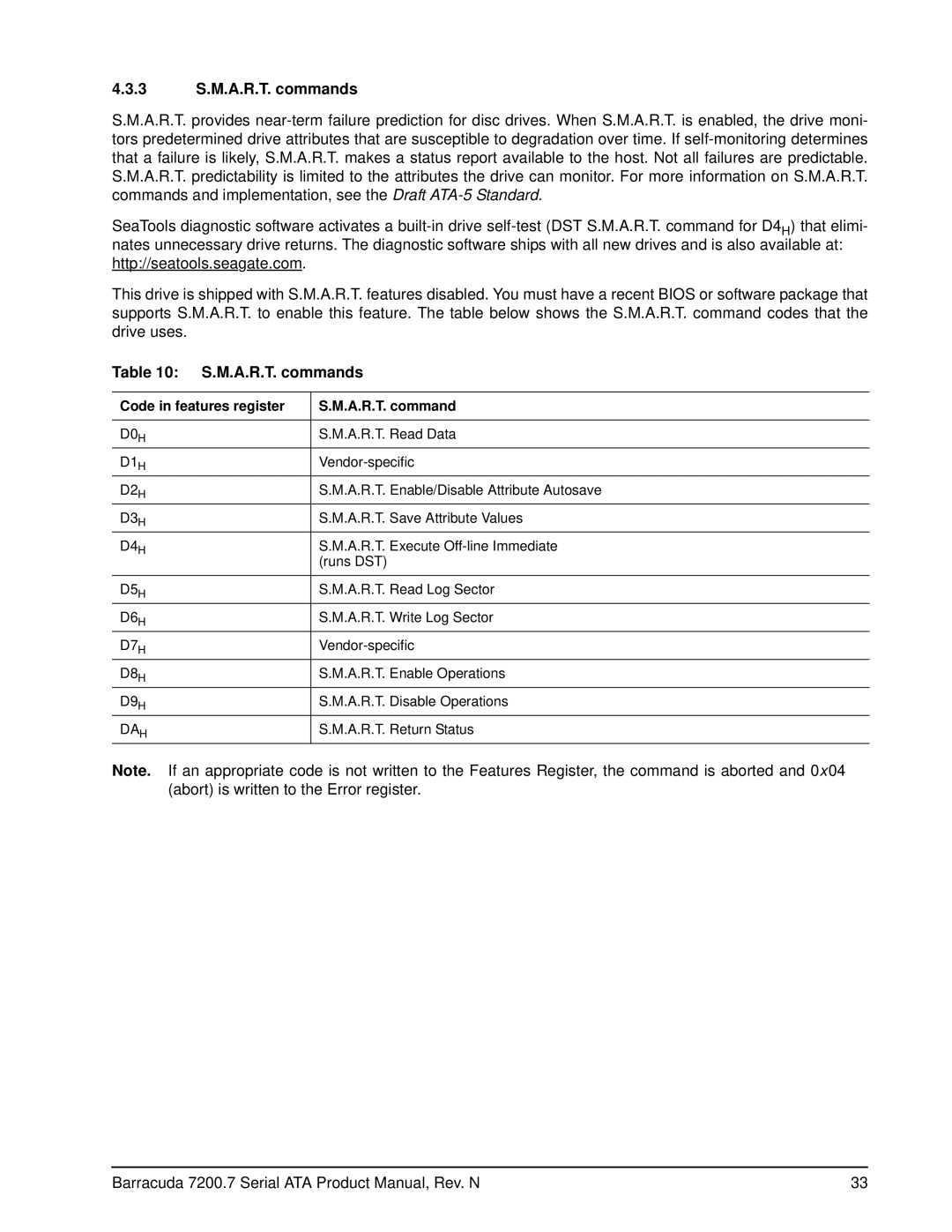 Seagate ST3120022AS, ST3120827AS, ST3120026AS, ST3160023AS 3 S.M.A.R.T. commands, Code in features register A.R.T. command 