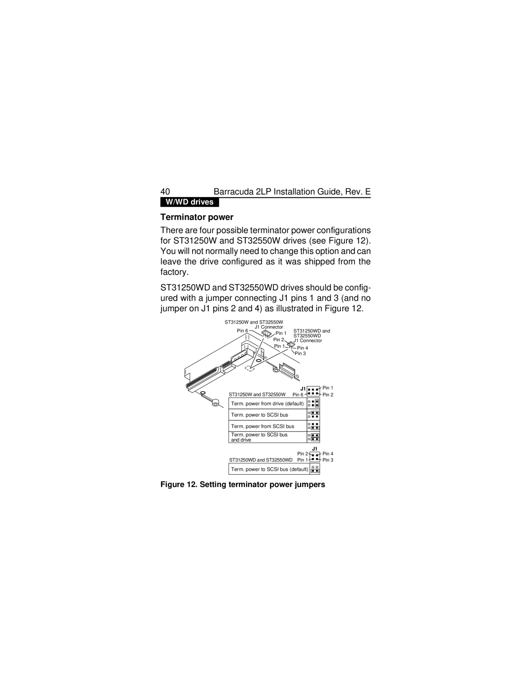 Seagate ST31250N/ND, ST31250W/WD/WC/DC, ST32550W/WD/WC/DC, ST32550N/ND manual Term. power to Scsi bus default 