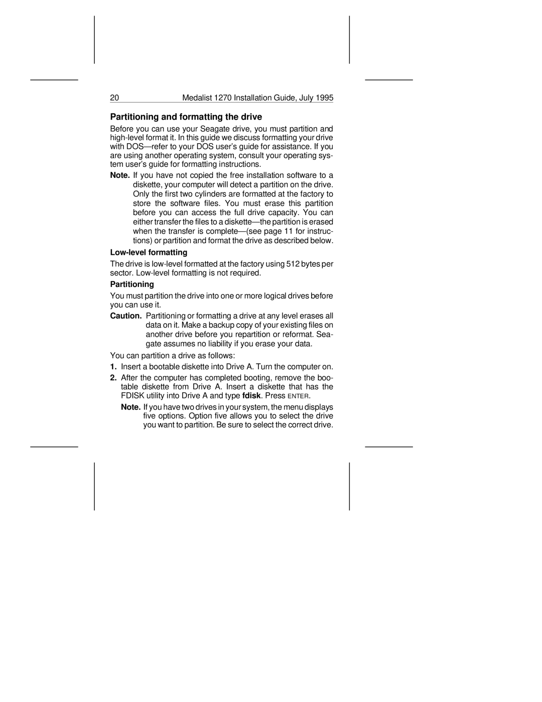 Seagate ST31270A manual Partitioning and formatting the drive, Low-level formatting 