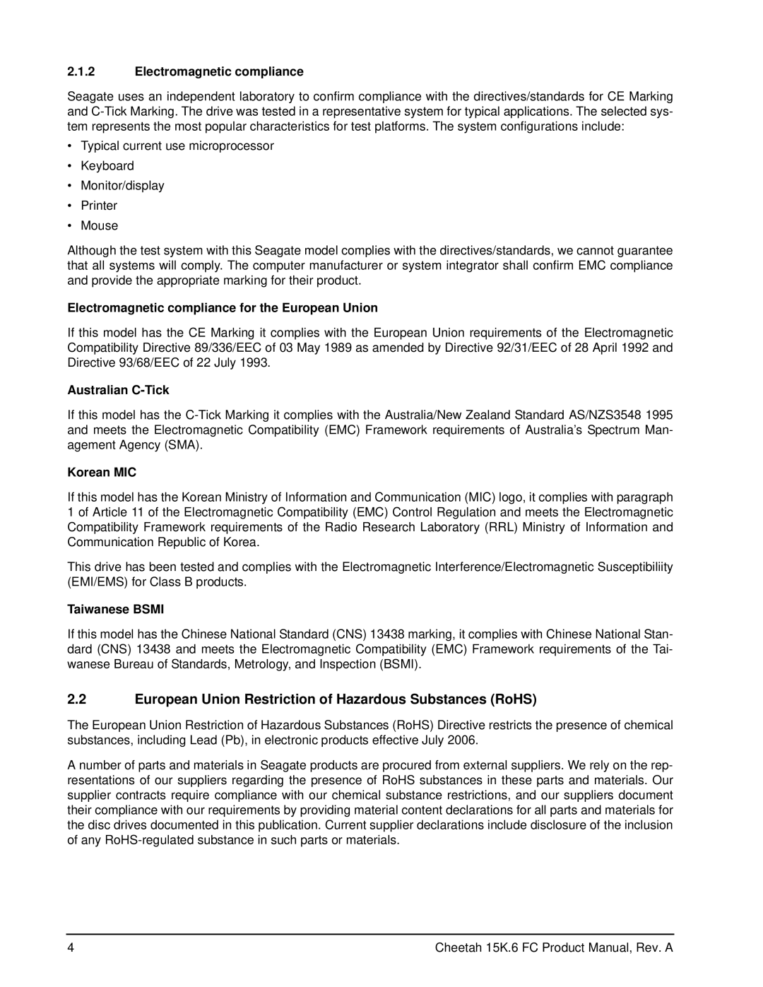 Seagate ST3146356FC, ST3300656FC, ST3450856FC manual European Union Restriction of Hazardous Substances RoHS 