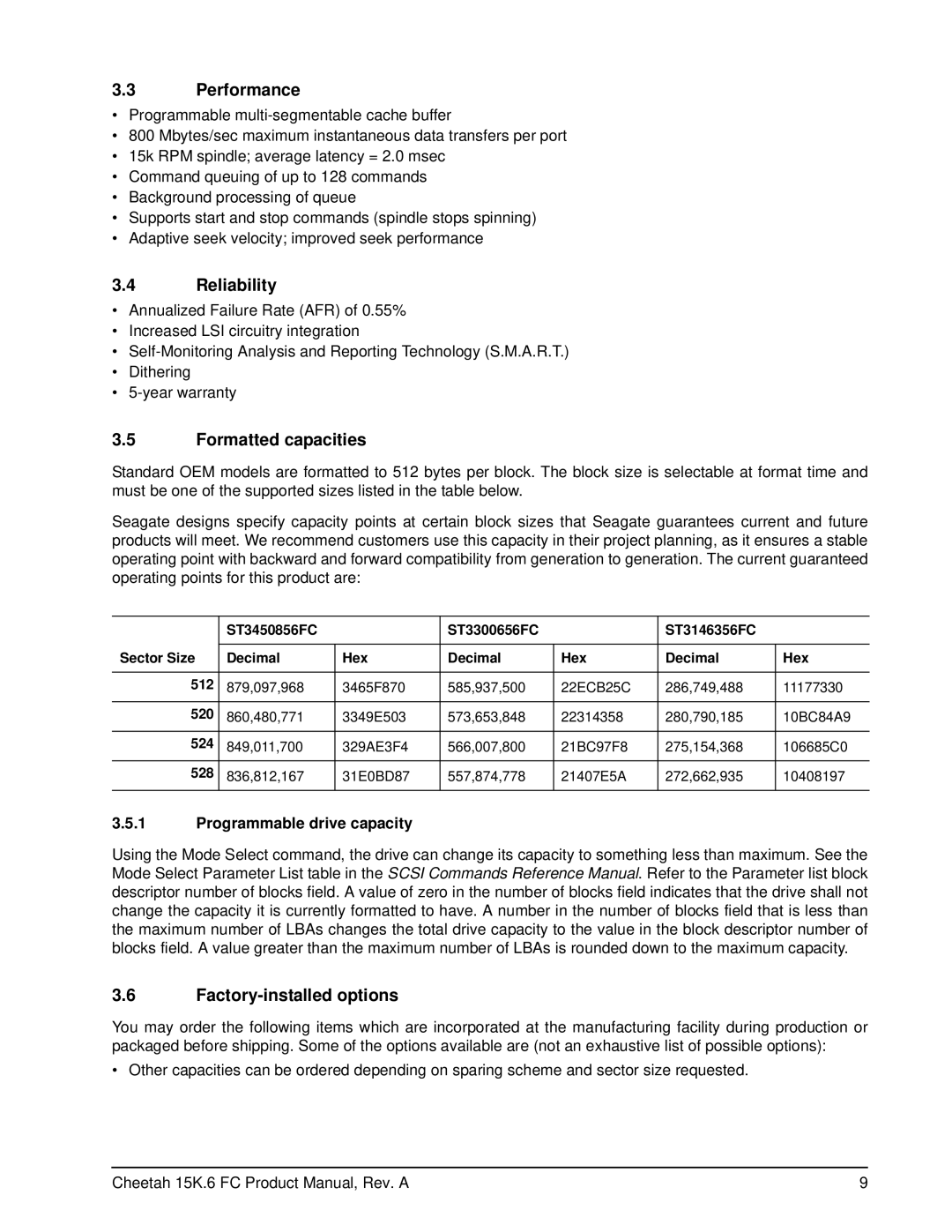 Seagate ST3450856FC Performance, Reliability, Formatted capacities, Factory-installed options, Programmable drive capacity 