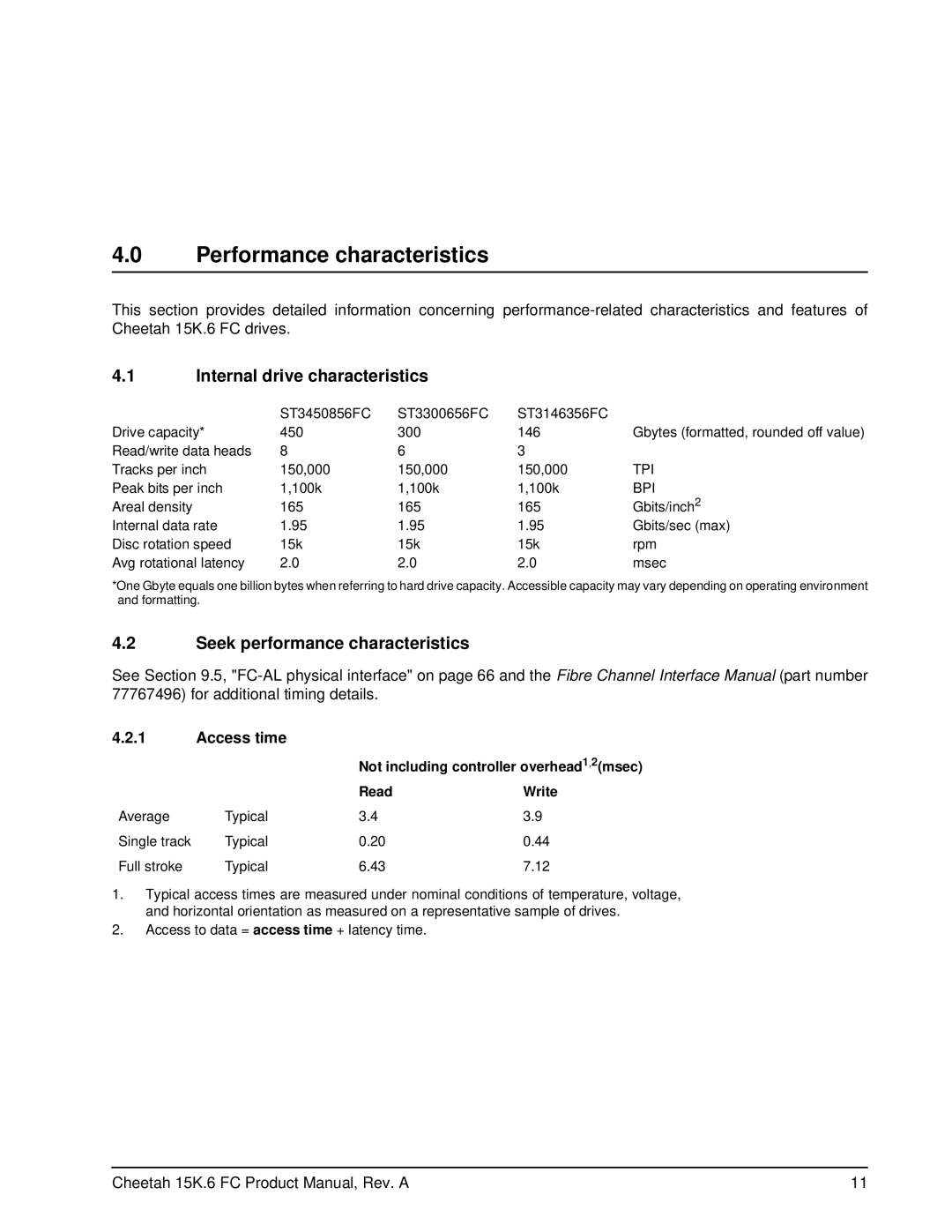 Seagate ST3300656FC manual Performance characteristics, Internal drive characteristics, Seek performance characteristics 