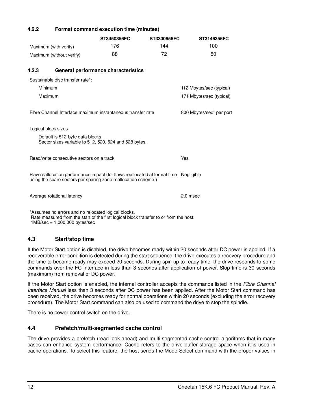 Seagate ST3450856FC manual Start/stop time, Prefetch/multi-segmented cache control, Format command execution time minutes 