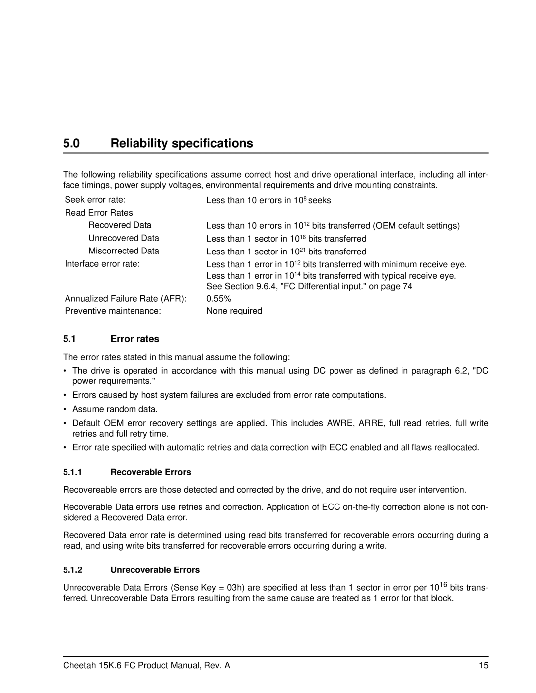 Seagate ST3450856FC, ST3146356FC manual Reliability specifications, Error rates, Recoverable Errors, Unrecoverable Errors 