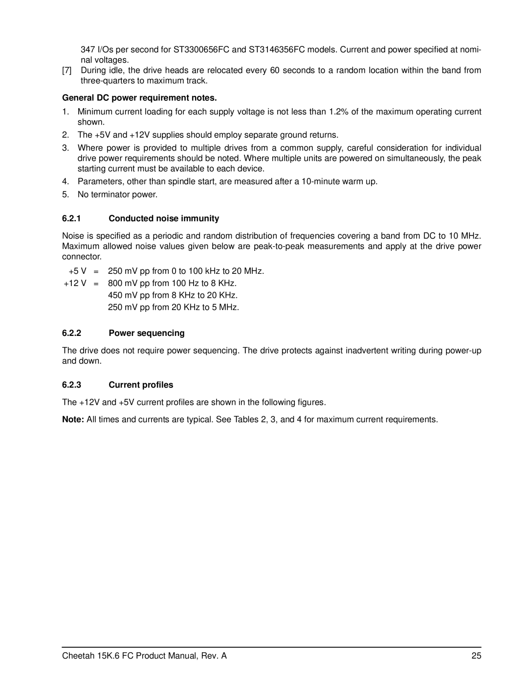 Seagate ST3146356FC manual General DC power requirement notes, Conducted noise immunity, Power sequencing, Current profiles 