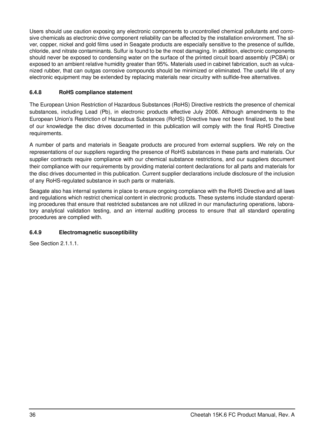 Seagate ST3450856FC, ST3146356FC, ST3300656FC manual RoHS compliance statement, Electromagnetic susceptibility 