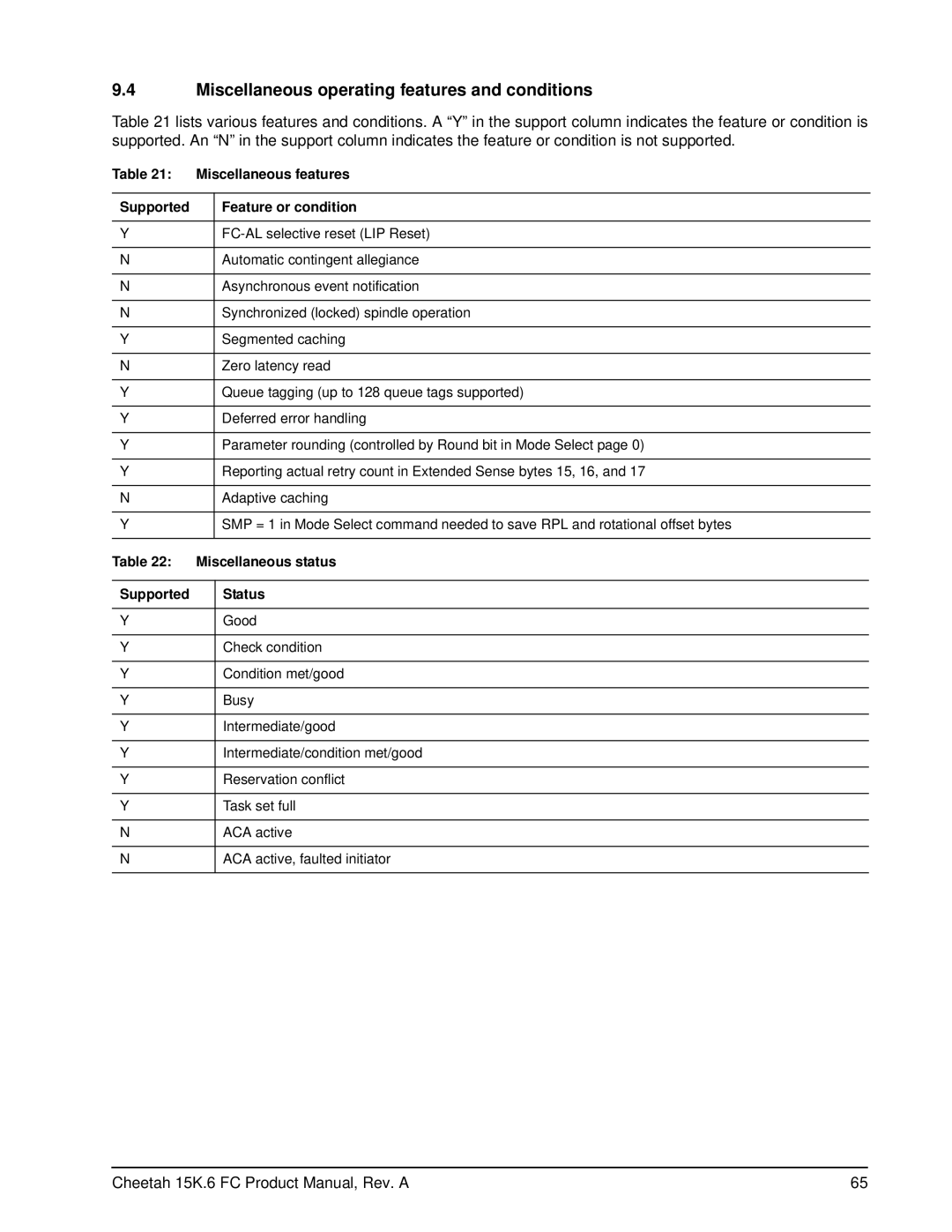 Seagate ST3300656FC manual Miscellaneous operating features and conditions, Miscellaneous features, Miscellaneous status 