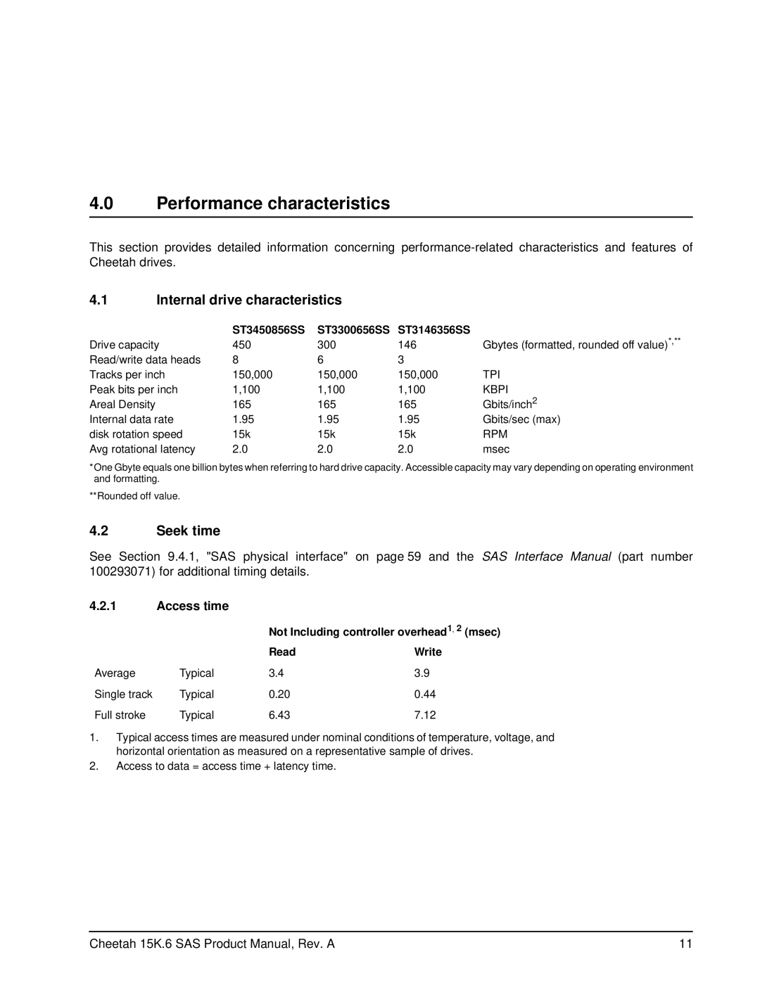 Seagate ST3450856SS, ST3146356SS manual Performance characteristics, Internal drive characteristics, Seek time, Access time 