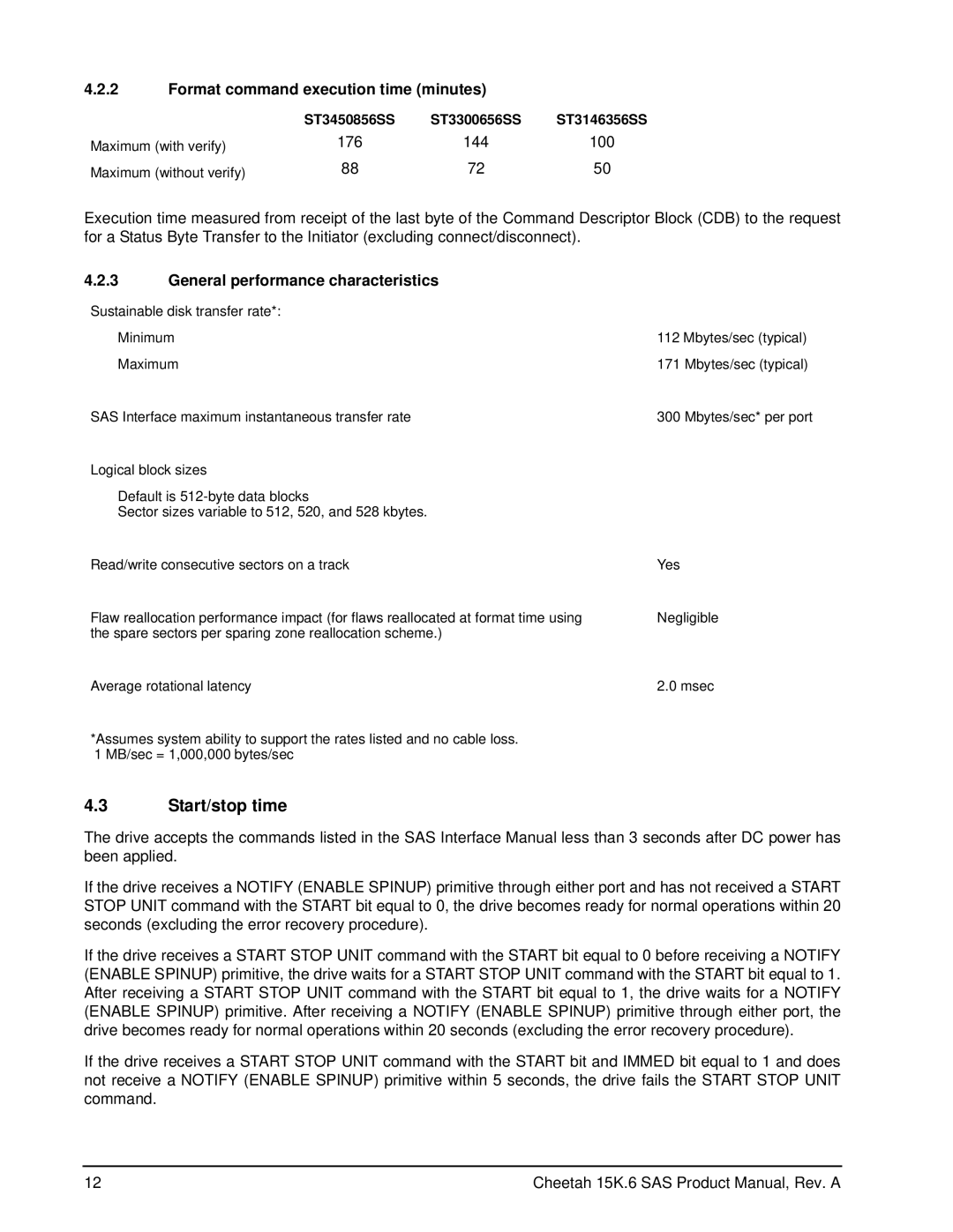 Seagate ST3146356SS manual Start/stop time, Format command execution time minutes, General performance characteristics 