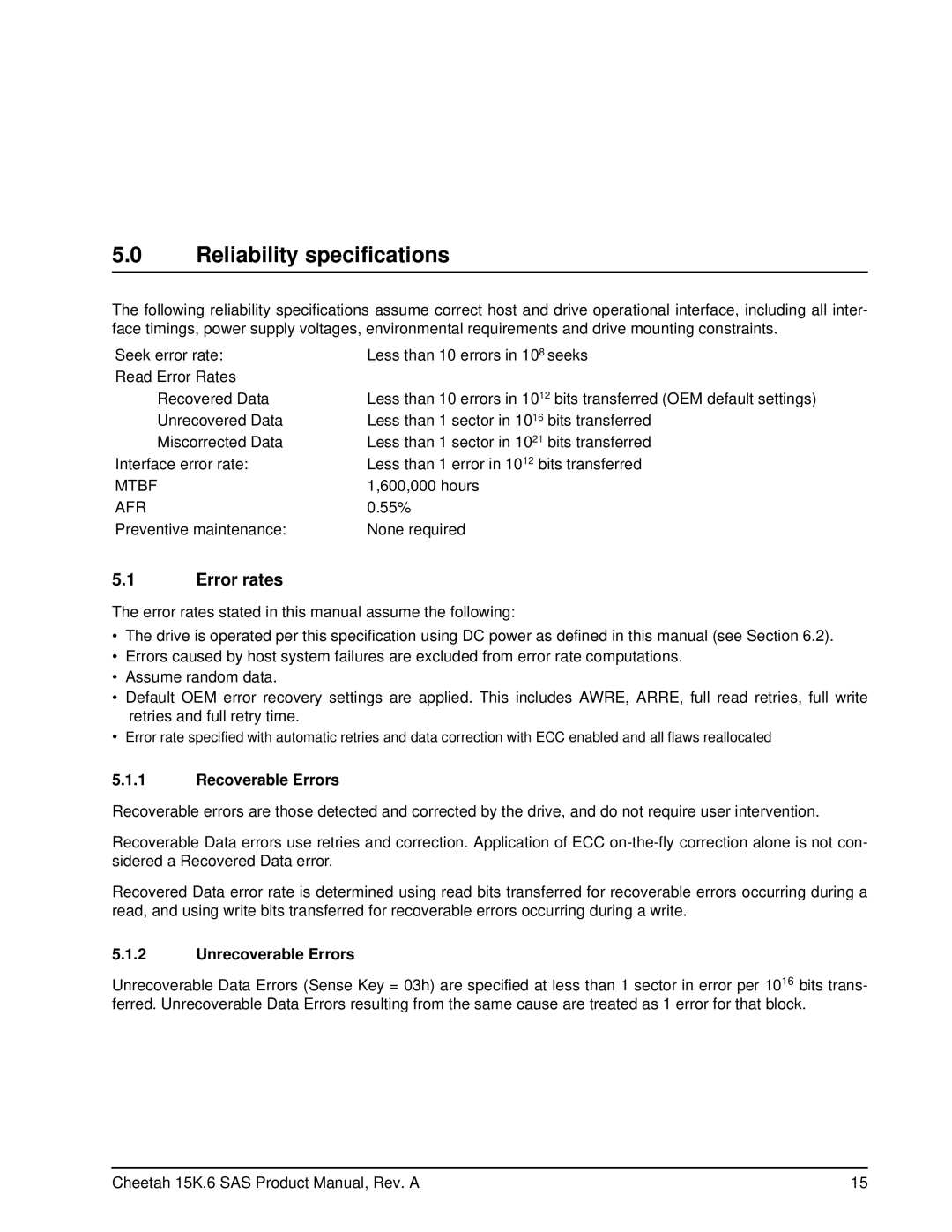 Seagate ST3146356SS, ST3300656SS manual Reliability specifications, Error rates, Recoverable Errors, Unrecoverable Errors 