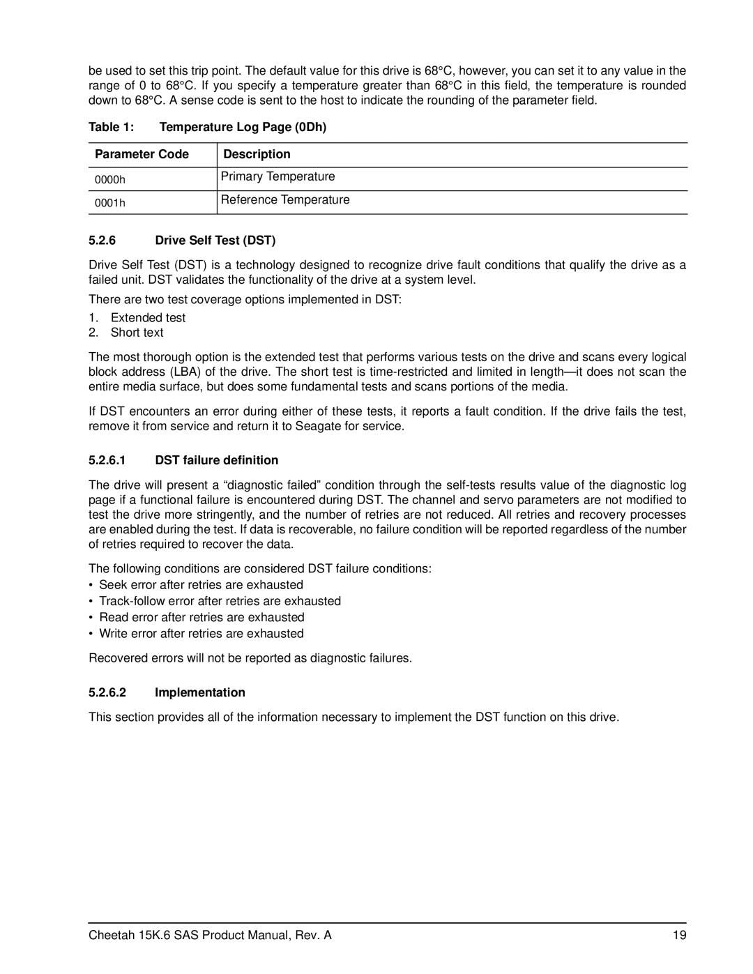 Seagate ST3300656SS manual Temperature Log Page 0Dh, Parameter Code Description, Primary Temperature, Reference Temperature 