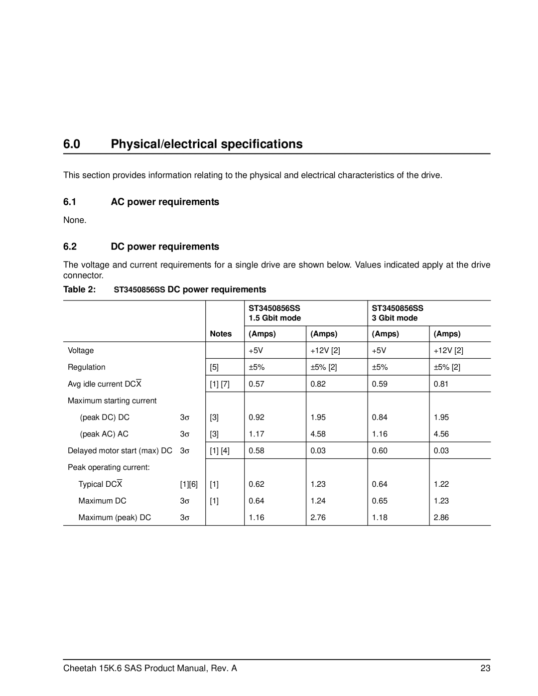 Seagate ST3450856SS, ST3146356SS manual Physical/electrical specifications, AC power requirements, DC power requirements 