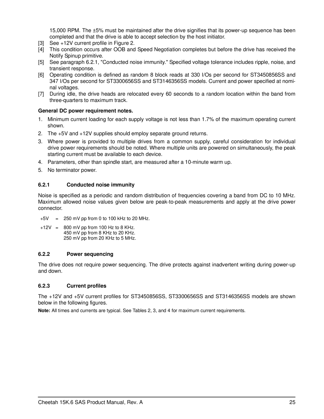 Seagate ST3300656SS manual General DC power requirement notes, Conducted noise immunity, Power sequencing, Current profiles 