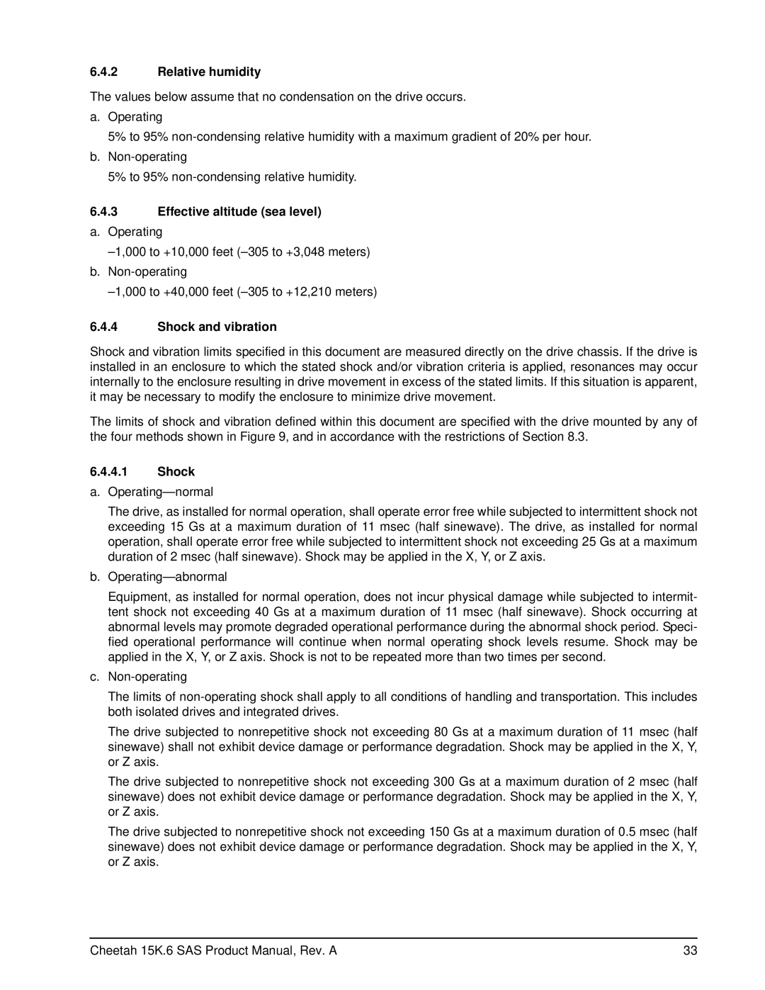 Seagate ST3146356SS, ST3300656SS, ST3450856SS manual Relative humidity, Effective altitude sea level, Shock and vibration 
