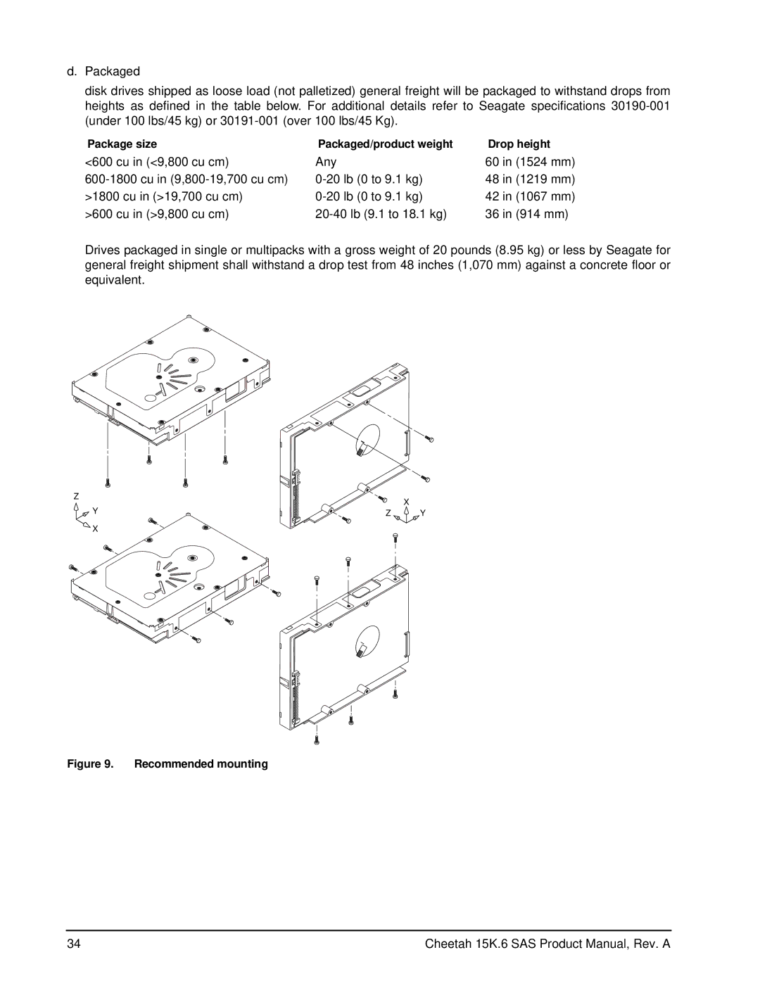 Seagate ST3300656SS, ST3146356SS, ST3450856SS manual Package size Packaged/product weight Drop height, Recommended mounting 