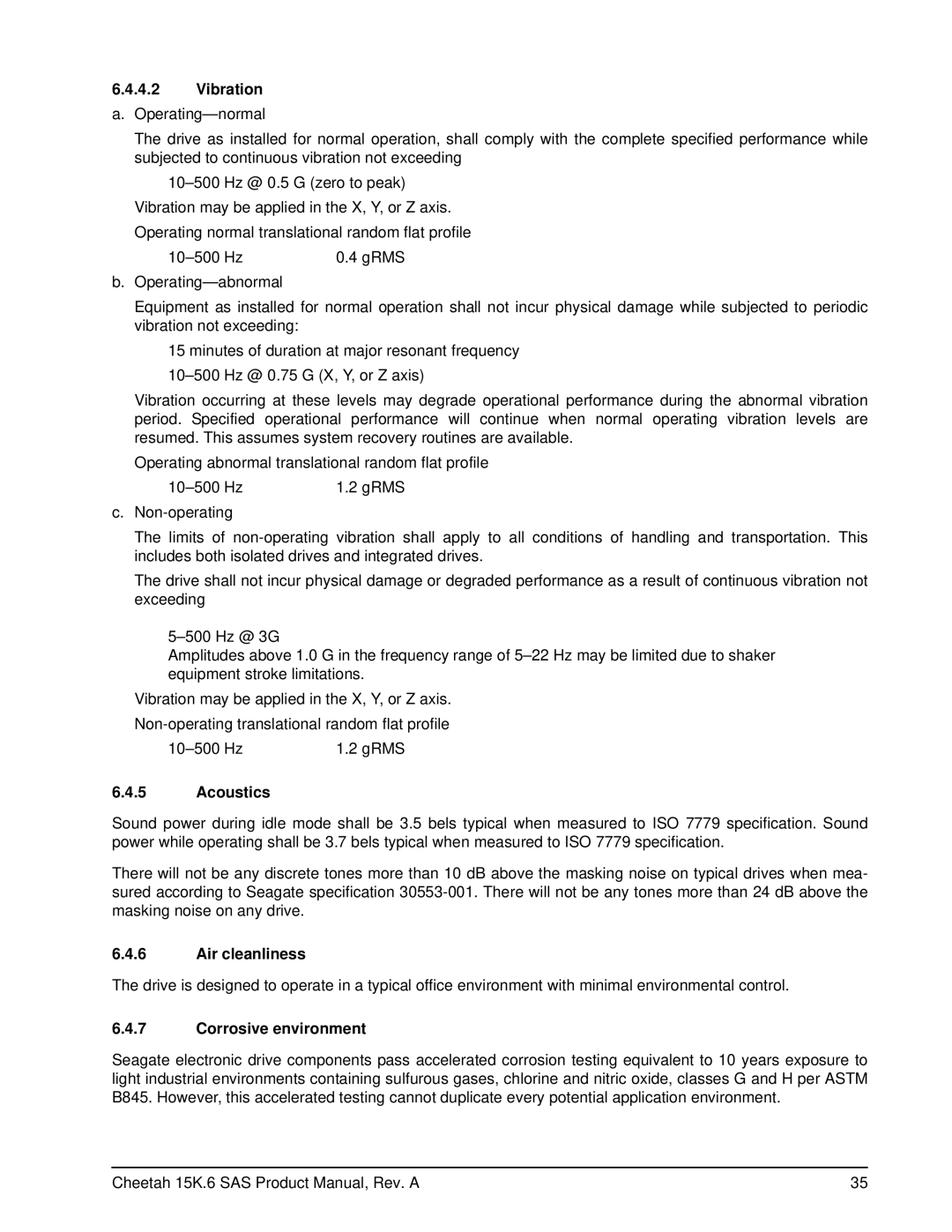 Seagate ST3450856SS, ST3146356SS, ST3300656SS manual Vibration, Acoustics, Air cleanliness, Corrosive environment 