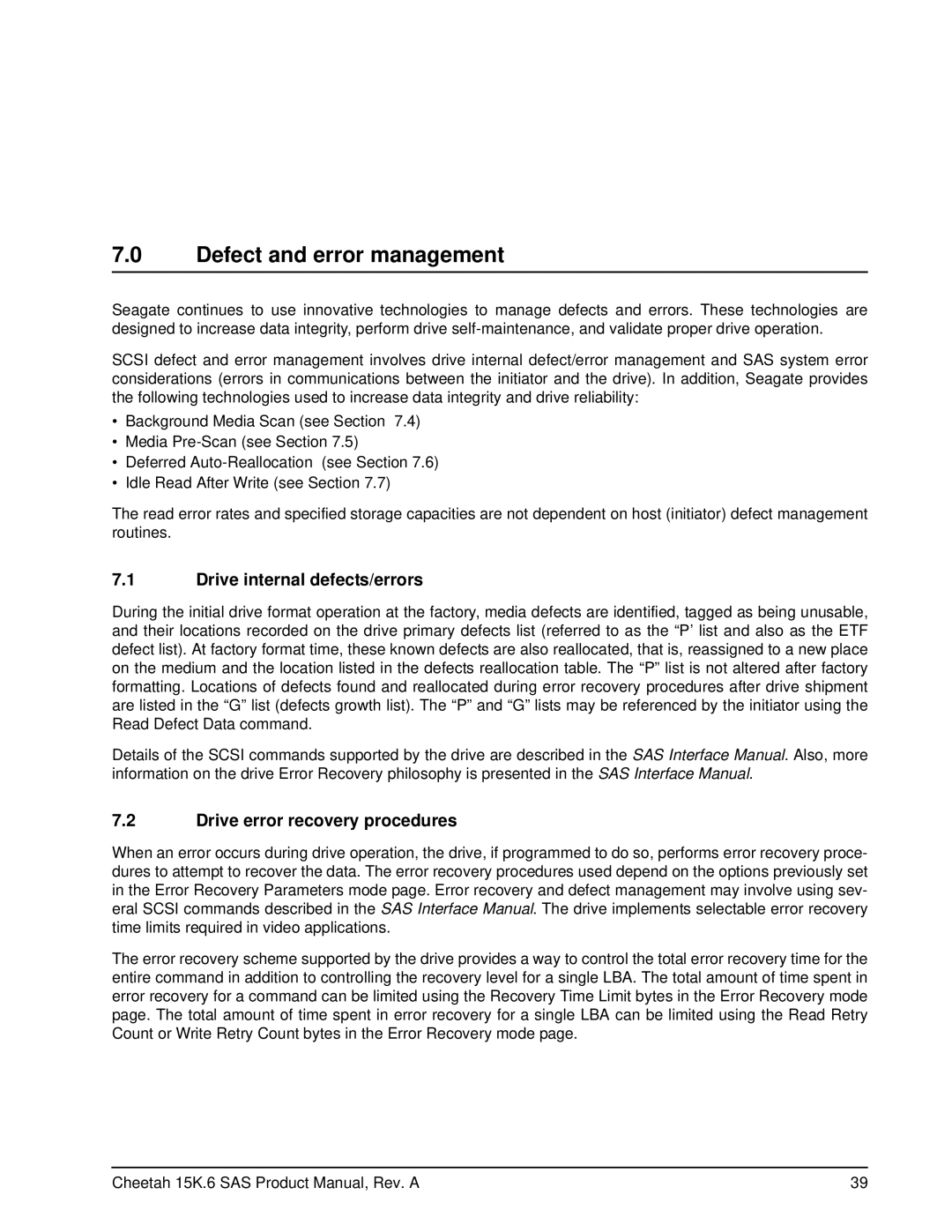 Seagate ST3146356SS manual Defect and error management, Drive internal defects/errors, Drive error recovery procedures 