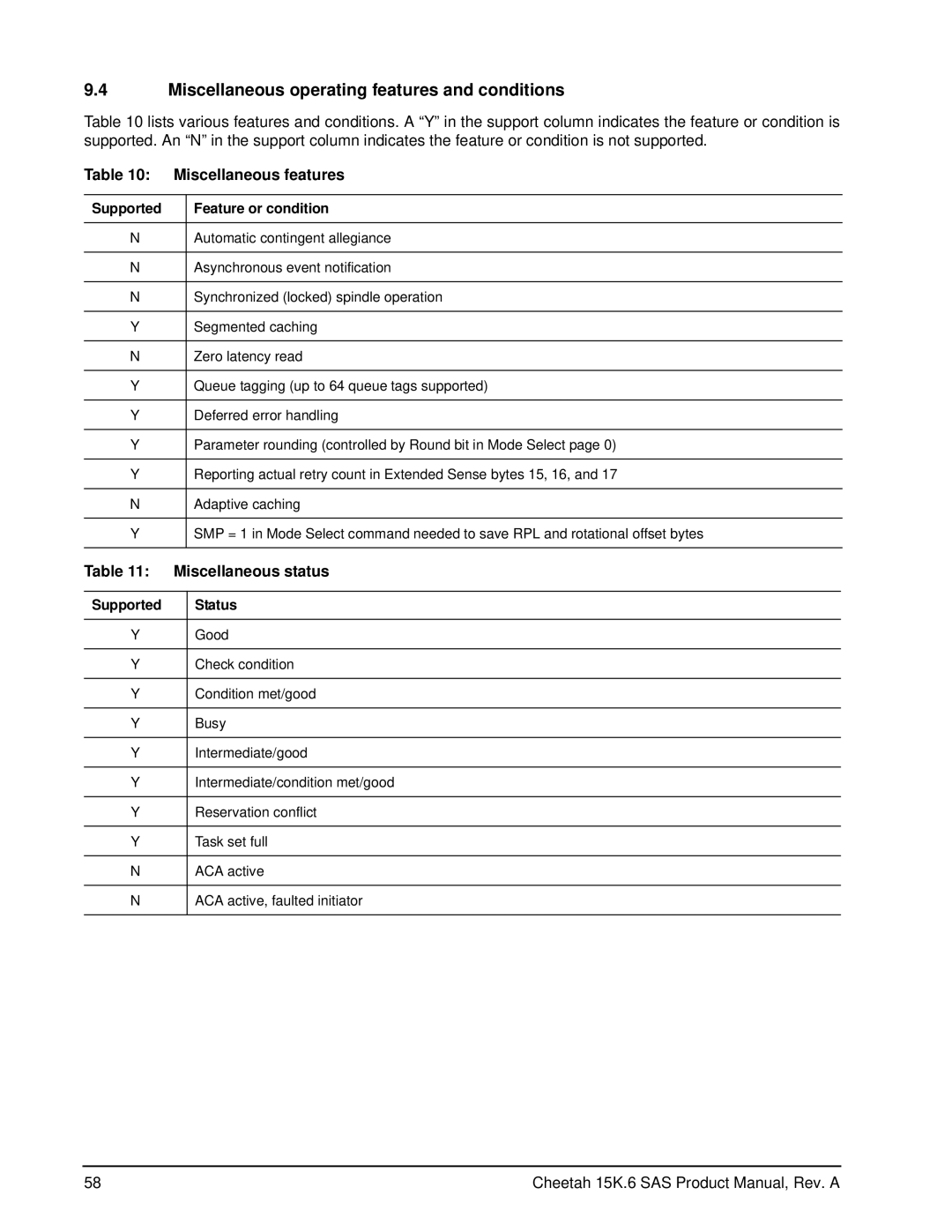 Seagate ST3300656SS manual Miscellaneous operating features and conditions, Miscellaneous features, Miscellaneous status 