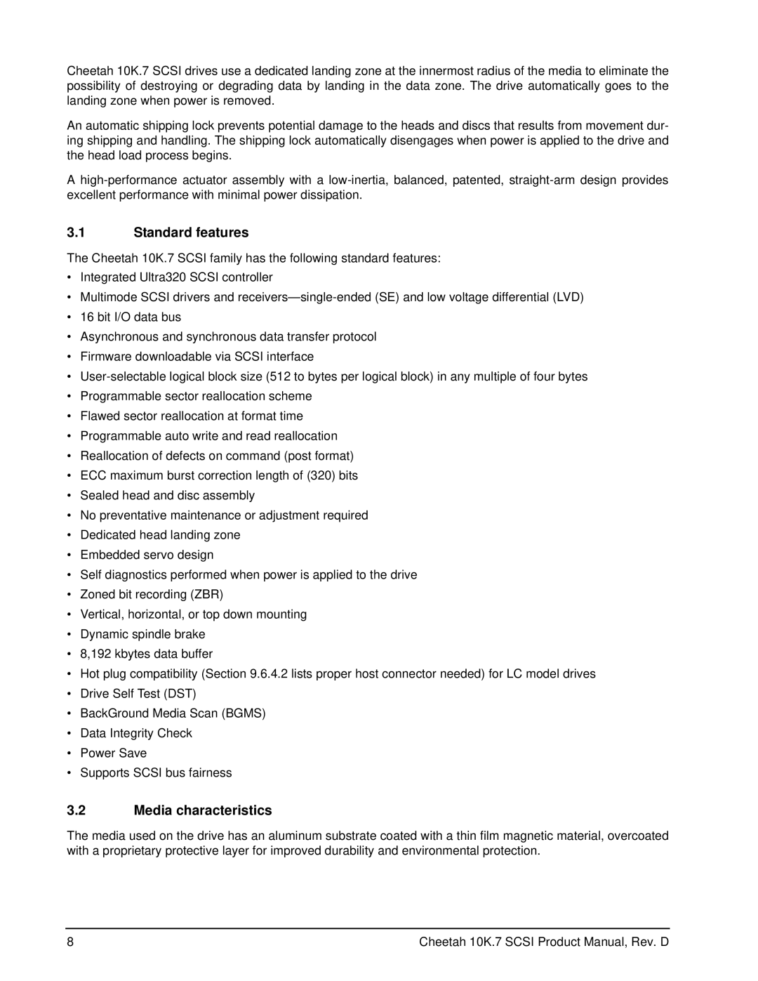 Seagate ST3146707LW/LC, ST3300007LW/LC, ST373207LW/LC manual Standard features, Media characteristics 