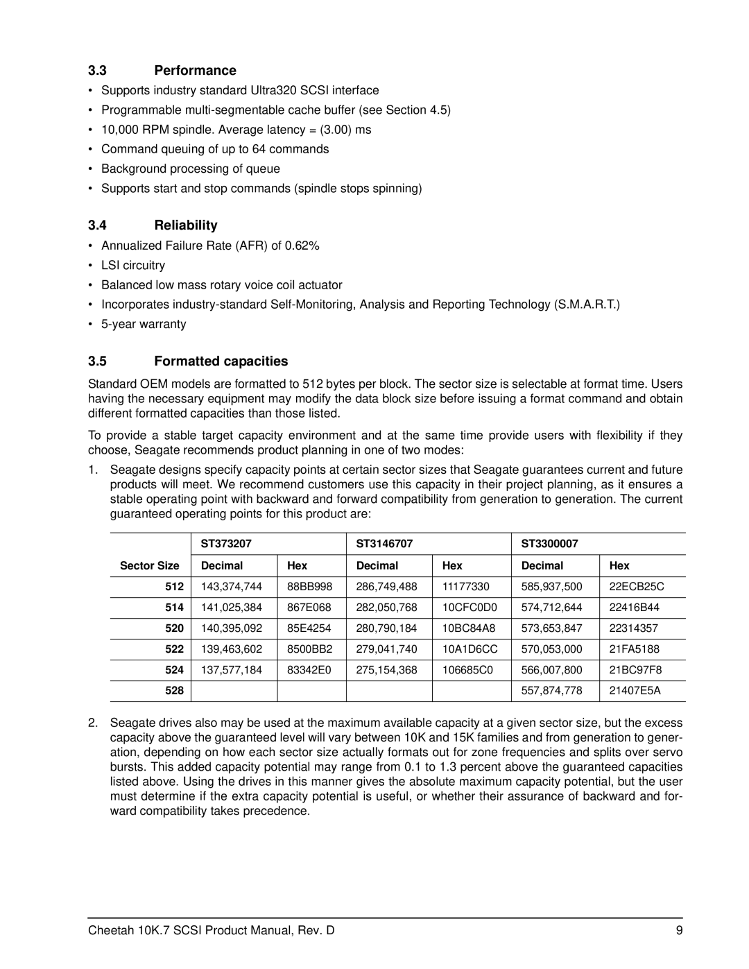 Seagate ST3300007LW/LC, ST3146707LW/LC, ST373207LW/LC manual Performance, Reliability, Formatted capacities 